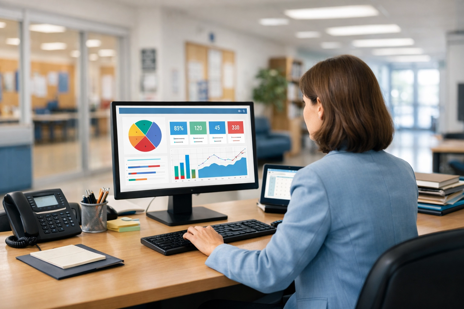 School administrator monitoring real-time bus routing and safety data on a digital dashboard in a district office.