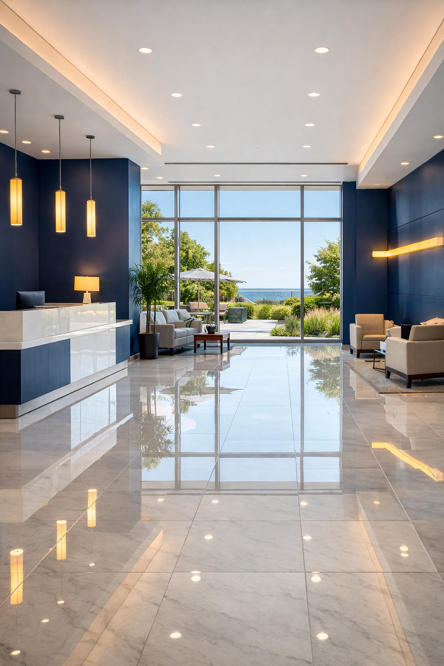 Pristine office lobby in Barnstable featuring polished floors and professional janitorial care.