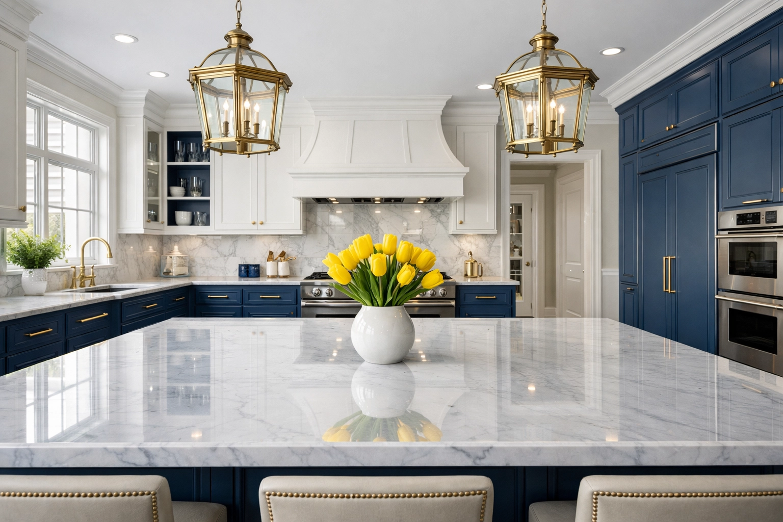 Spotless luxury kitchen in a Brookline estate featuring clean marble countertops and professional maintenance.