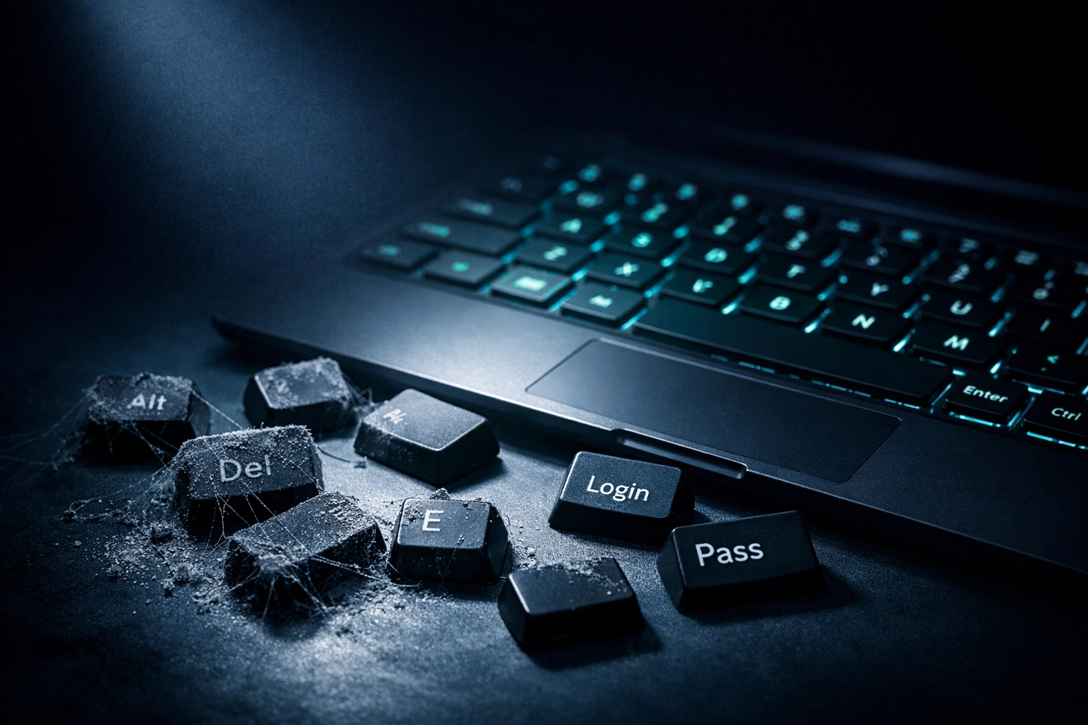 Dusty abandoned keyboard keys symbolizing compromised and unused credentials in cybersecurity
