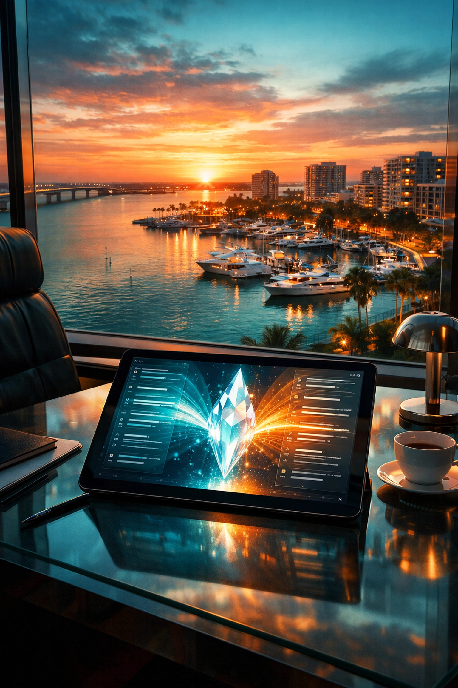 Tablet displaying AI search recommendations in a modern Sarasota office overlooking Marina Jack.