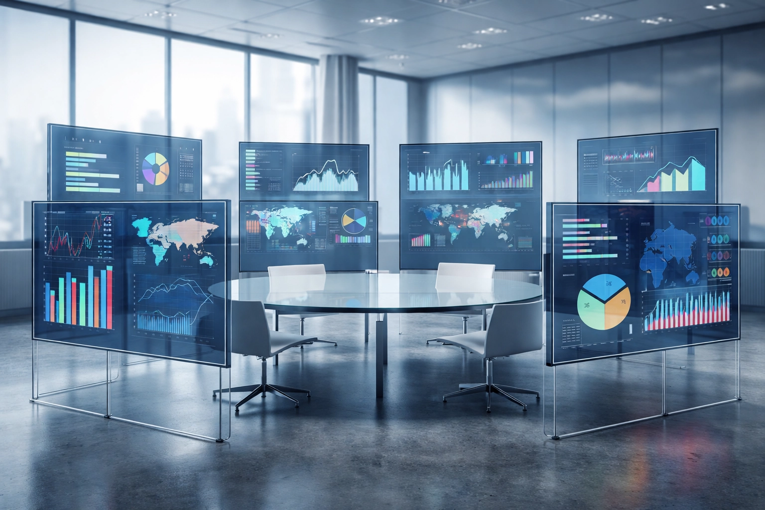 Glass conference room with digital screens showing fragmented data, illustrating data silos in first-party data strategy