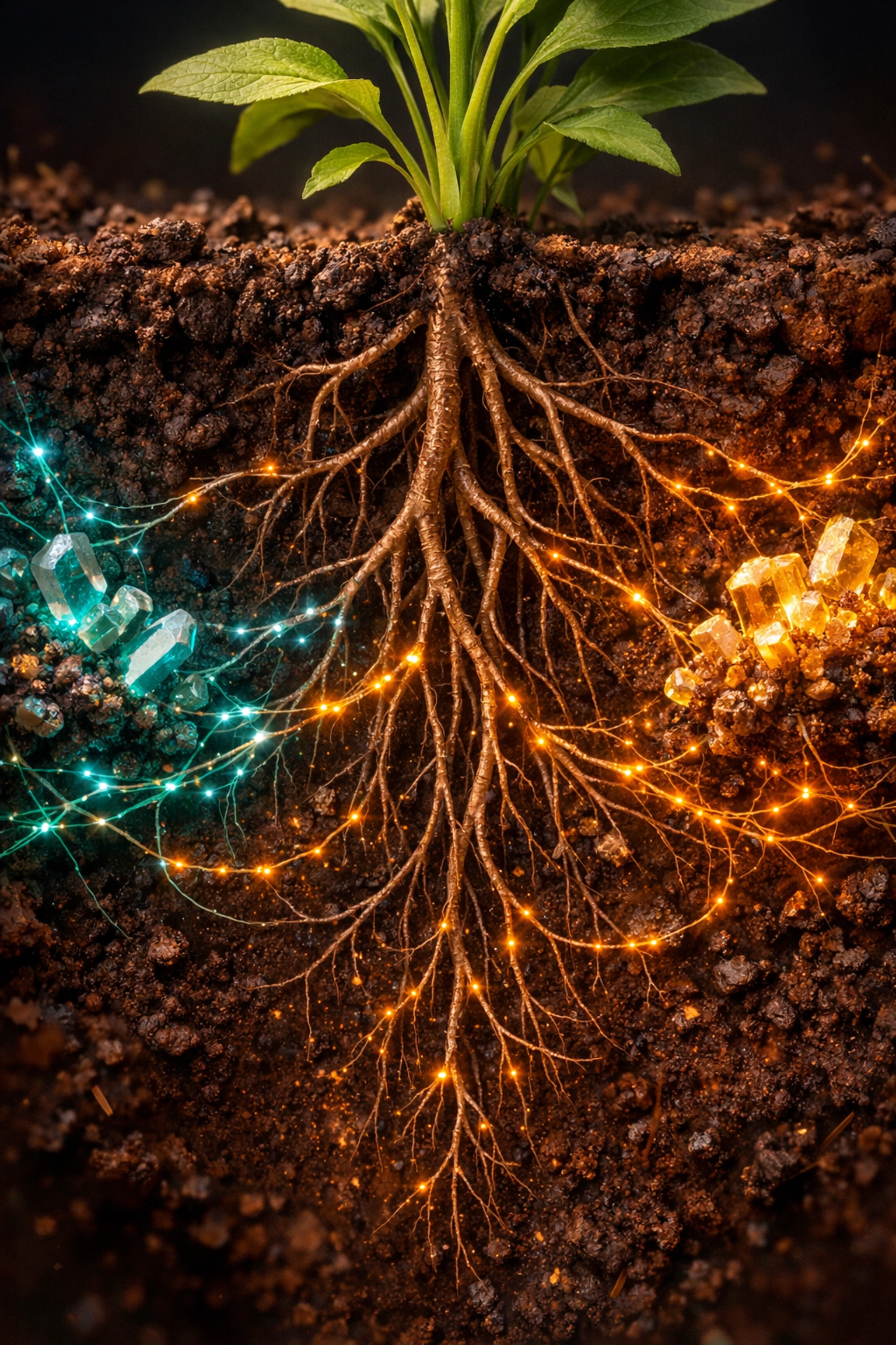 Rhizo Logic systems-thinking visualization of roots and microbial networks in healthy living soil.