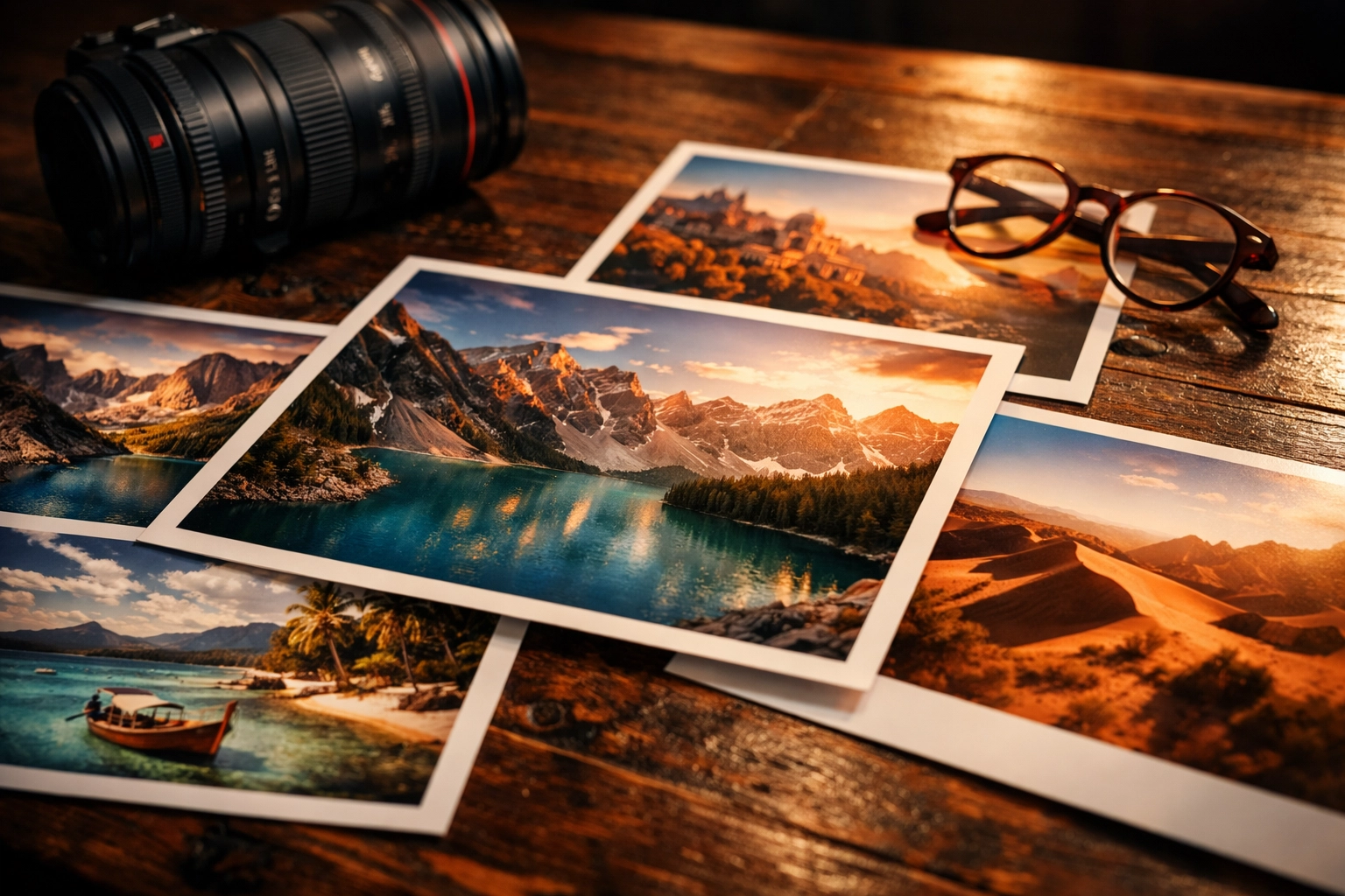 10 Reasons Your Photography Business Isn't Working (And How ProShoot.io Fixes It) 5 High-quality professional photography prints and gear on a wooden table, representing a polished business setup.