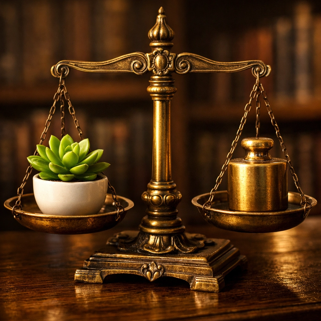 Balancing scales with a plant and weight representing a clean property management balance sheet and profitability.