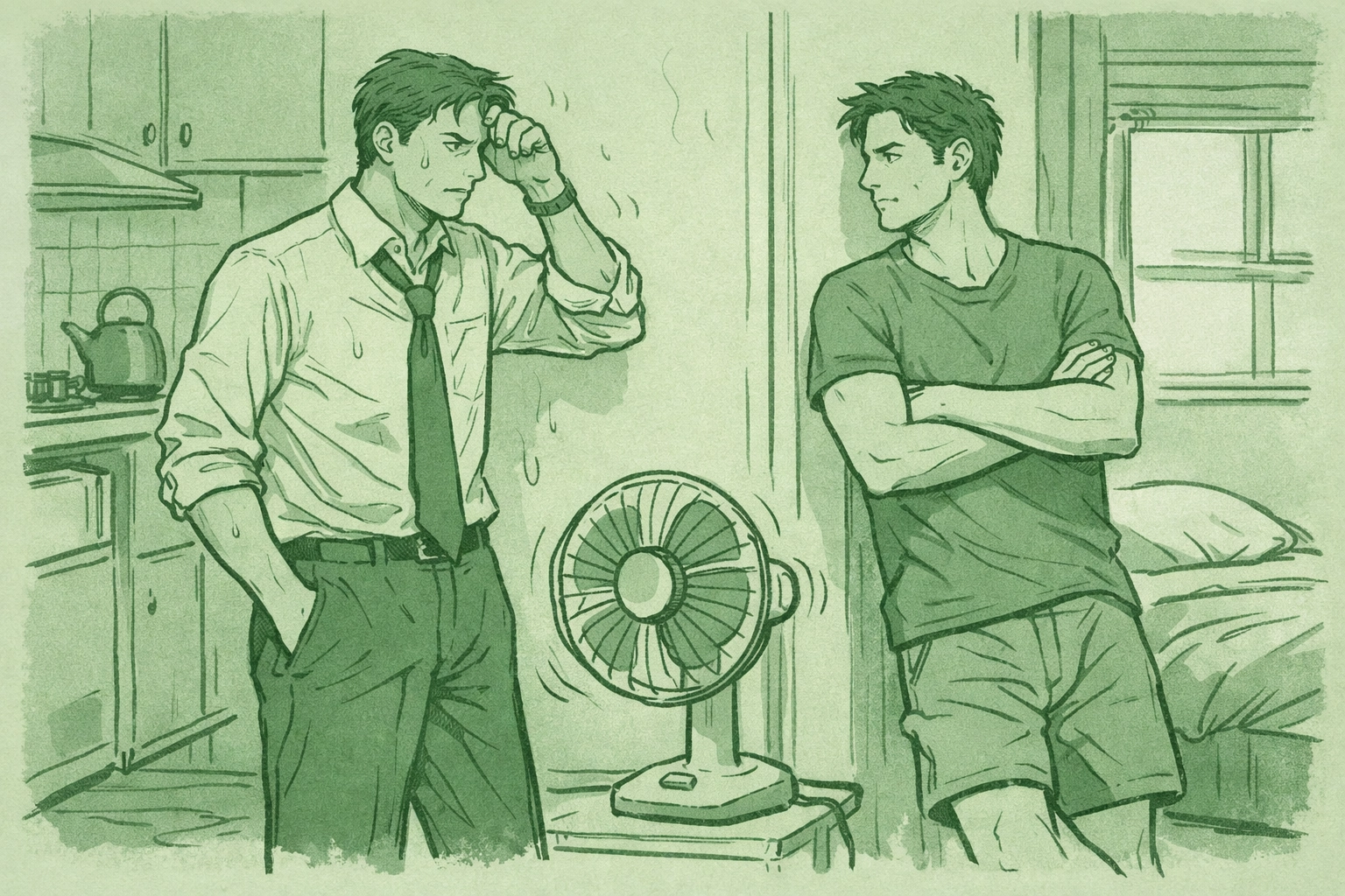 Two men face tension in cramped apartment during heatwave - MM romance forced proximity concept