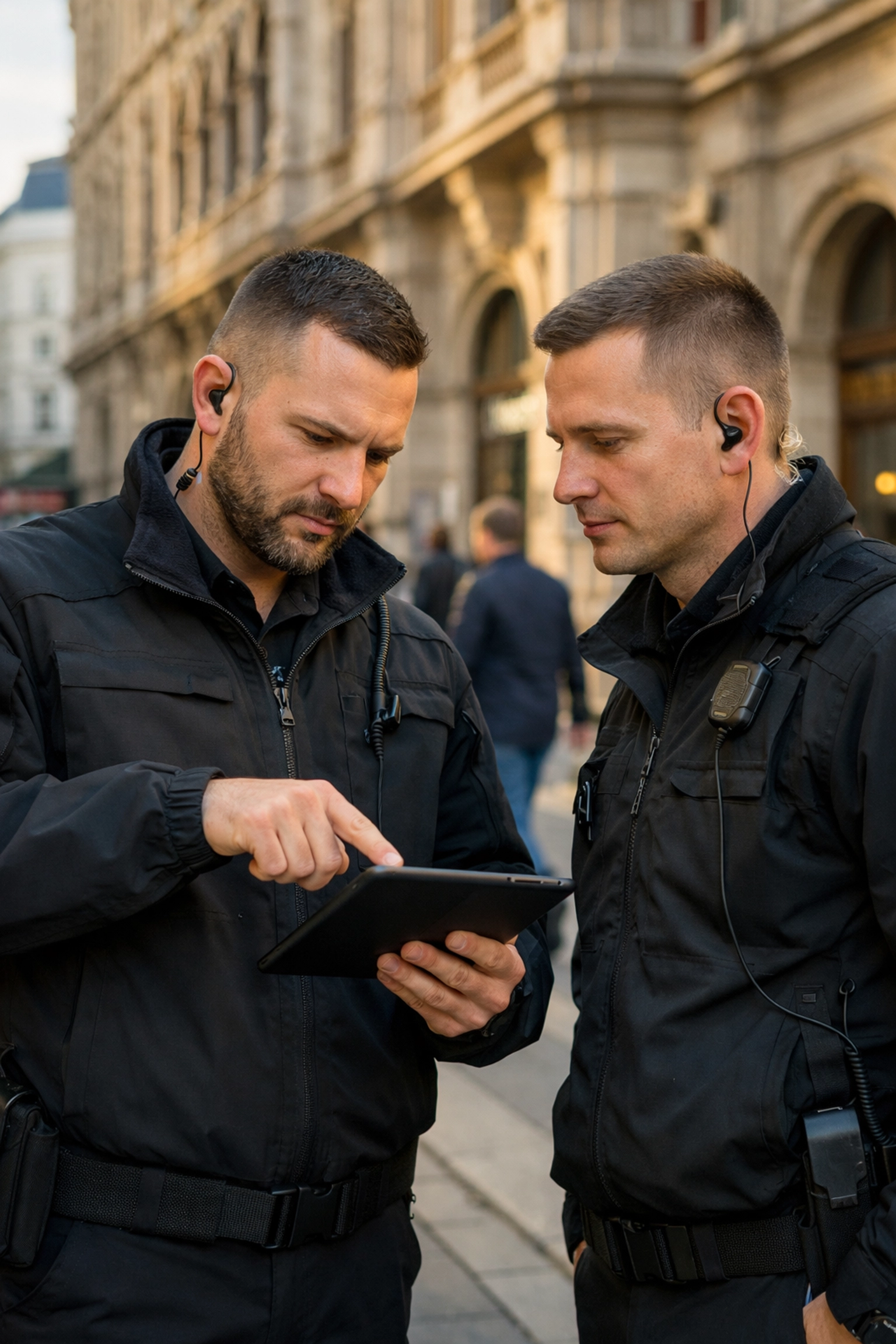 Mitarbeiter einer Sicherheitsfirma Wien planen diskret einen Einsatz in der Wiener Innenstadt.