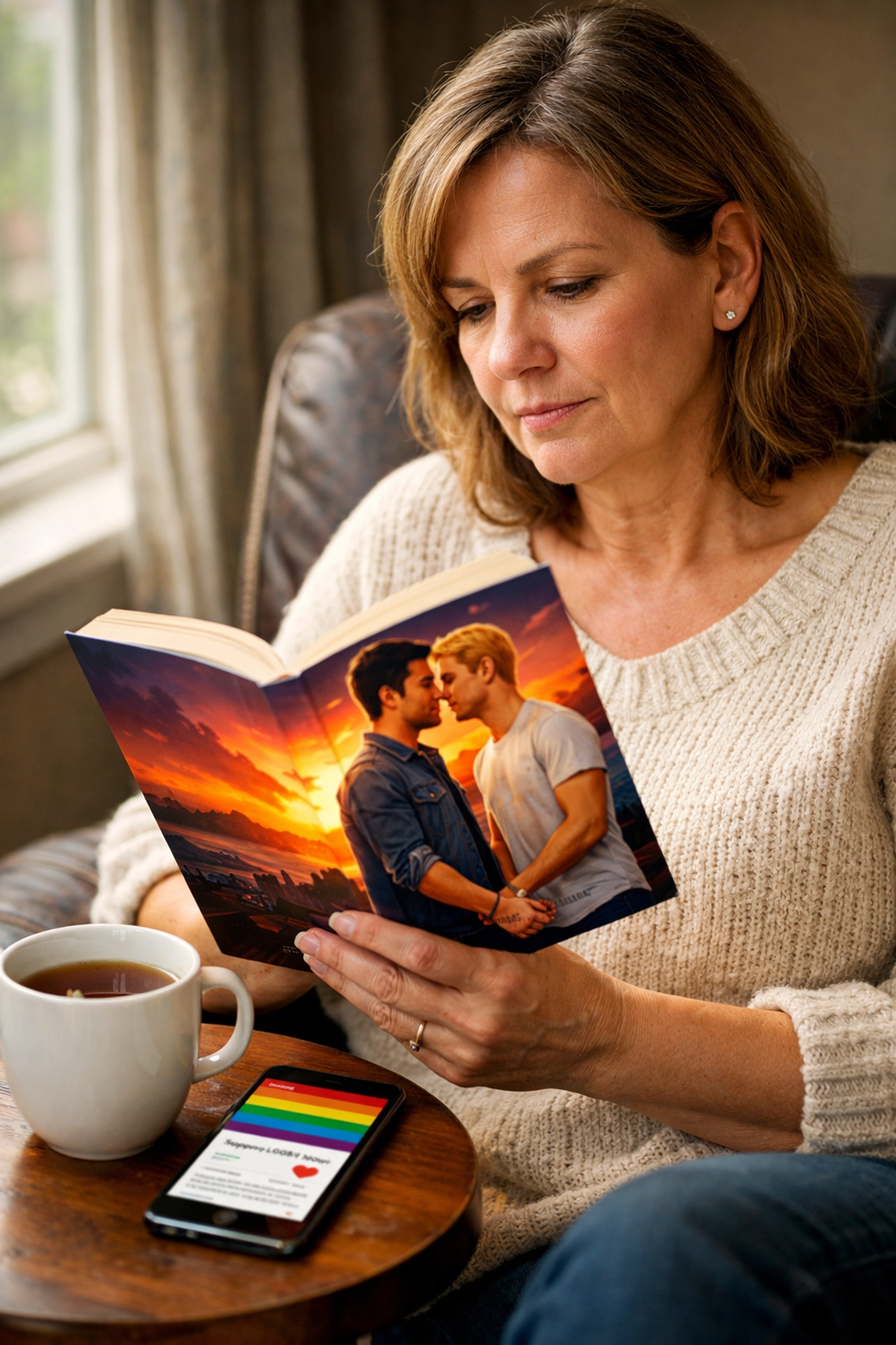 Mother reading an MM romance novel to learn about LGBTQ+ experiences and become a better ally parent.