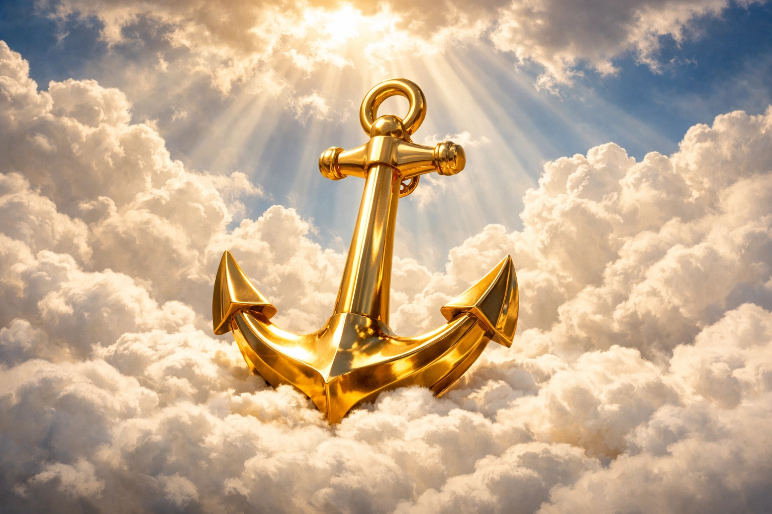 A golden anchor resting securely on soft white clouds, symbolizing spiritual grounding and peace in God.