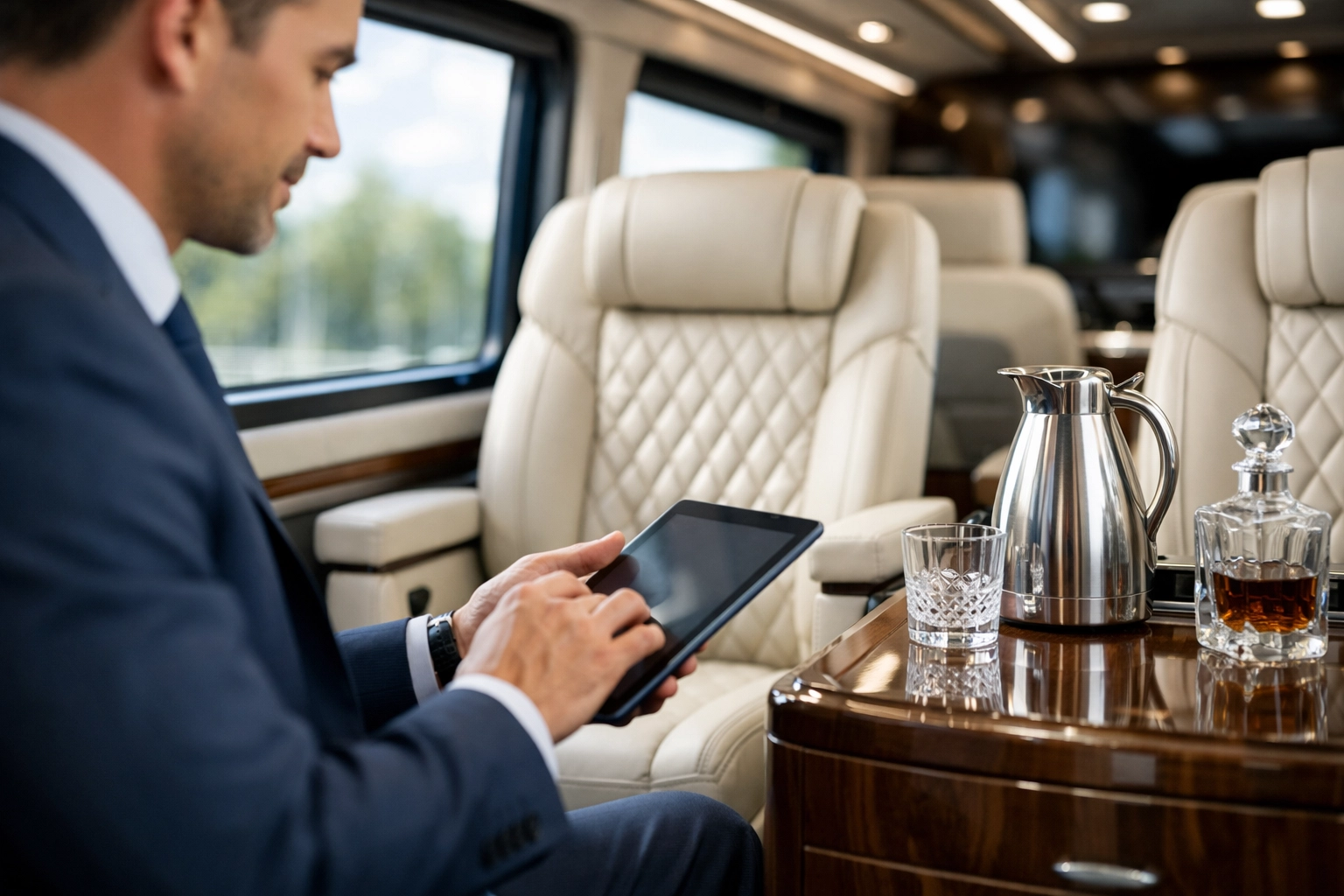 NEWSLETTER: 7 Mistakes You're Making with Last-Minute Super Bowl Logistics (and How to Fix Them) Corporate executive working inside a luxury sprinter van mobile office with premium leather seats.