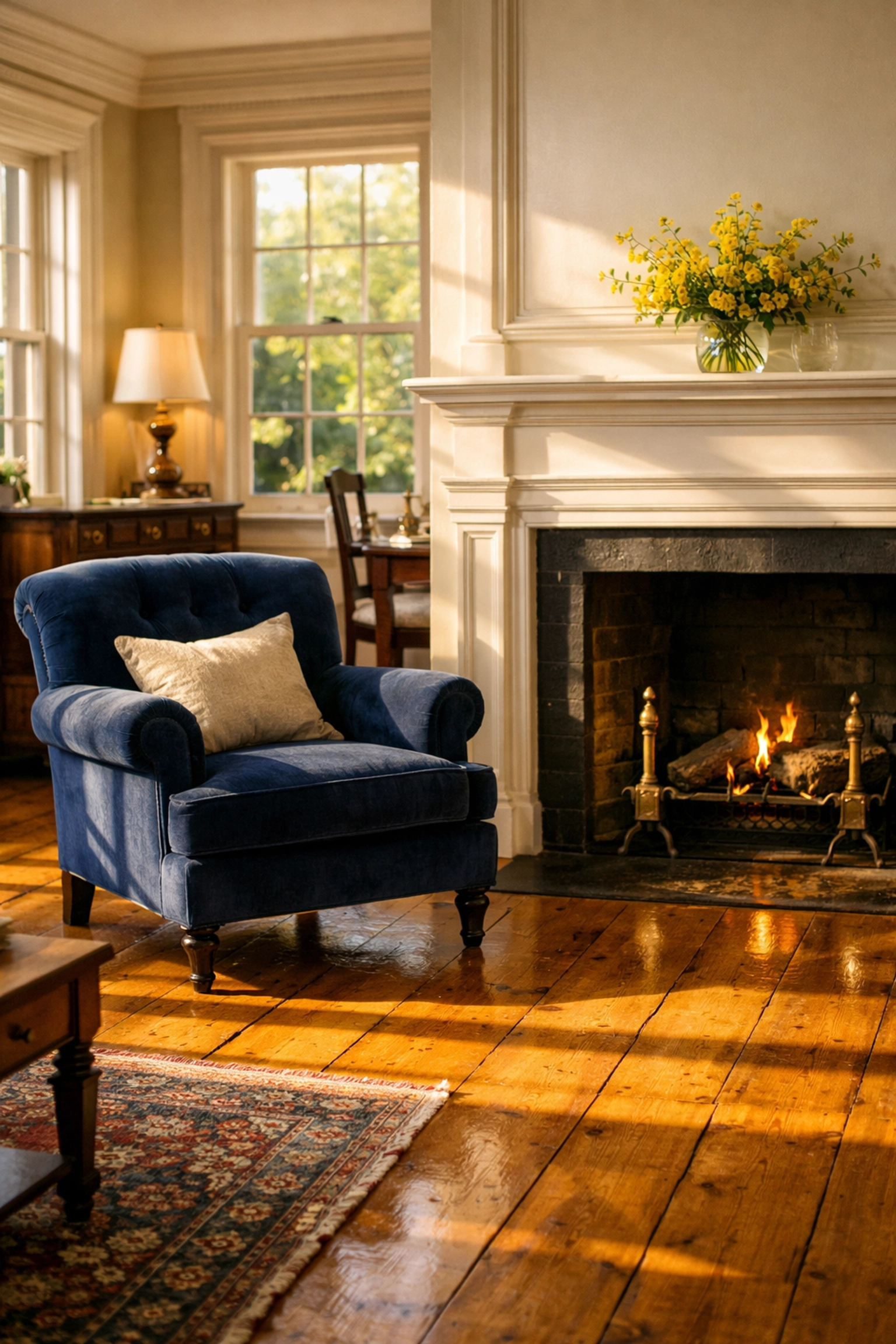 Historic Harvard MA living room with antique pine floors maintained by luxury house cleaning Harvard MA.