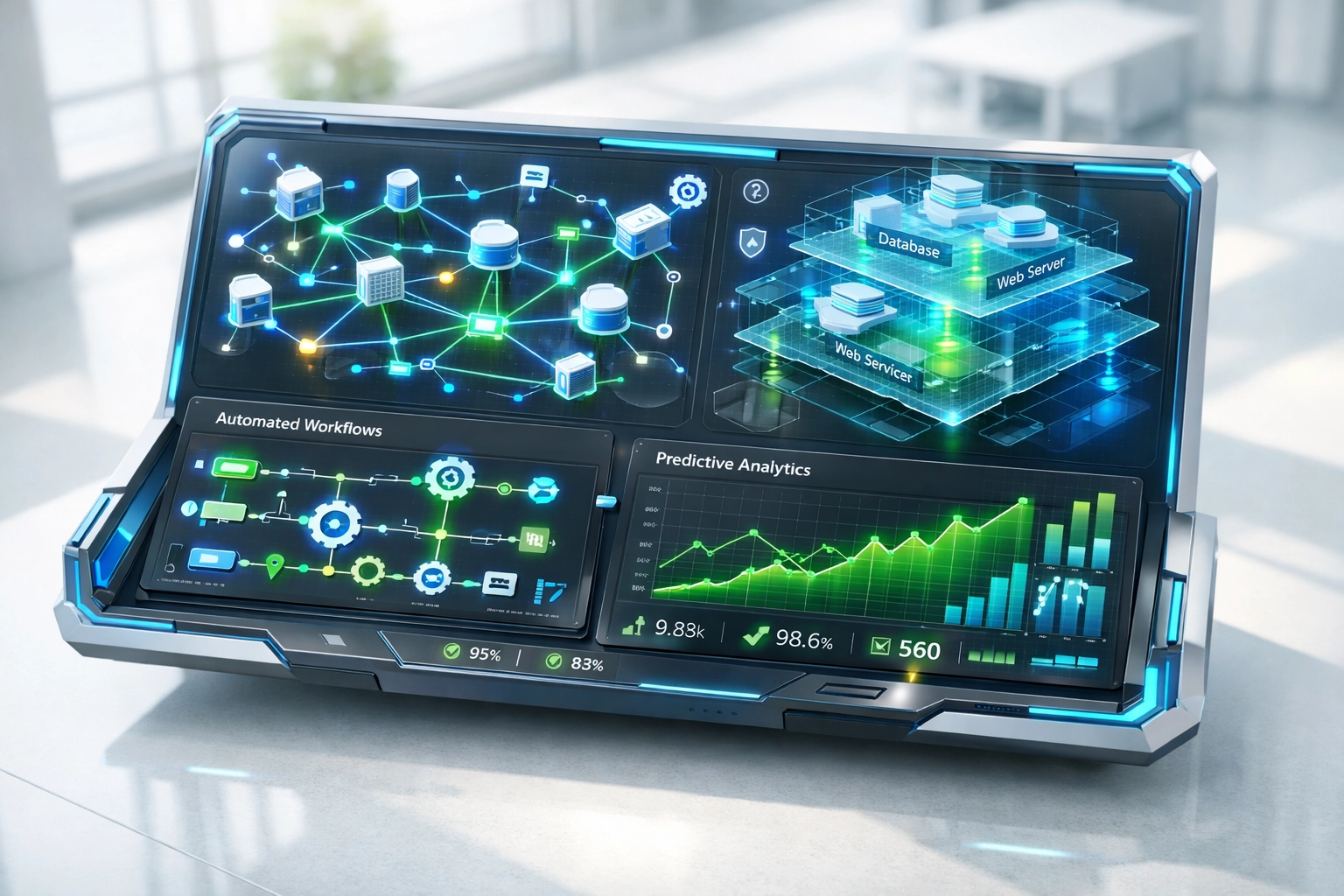 ITOM dashboard displaying automated workflows and predictive analytics for cost reduction