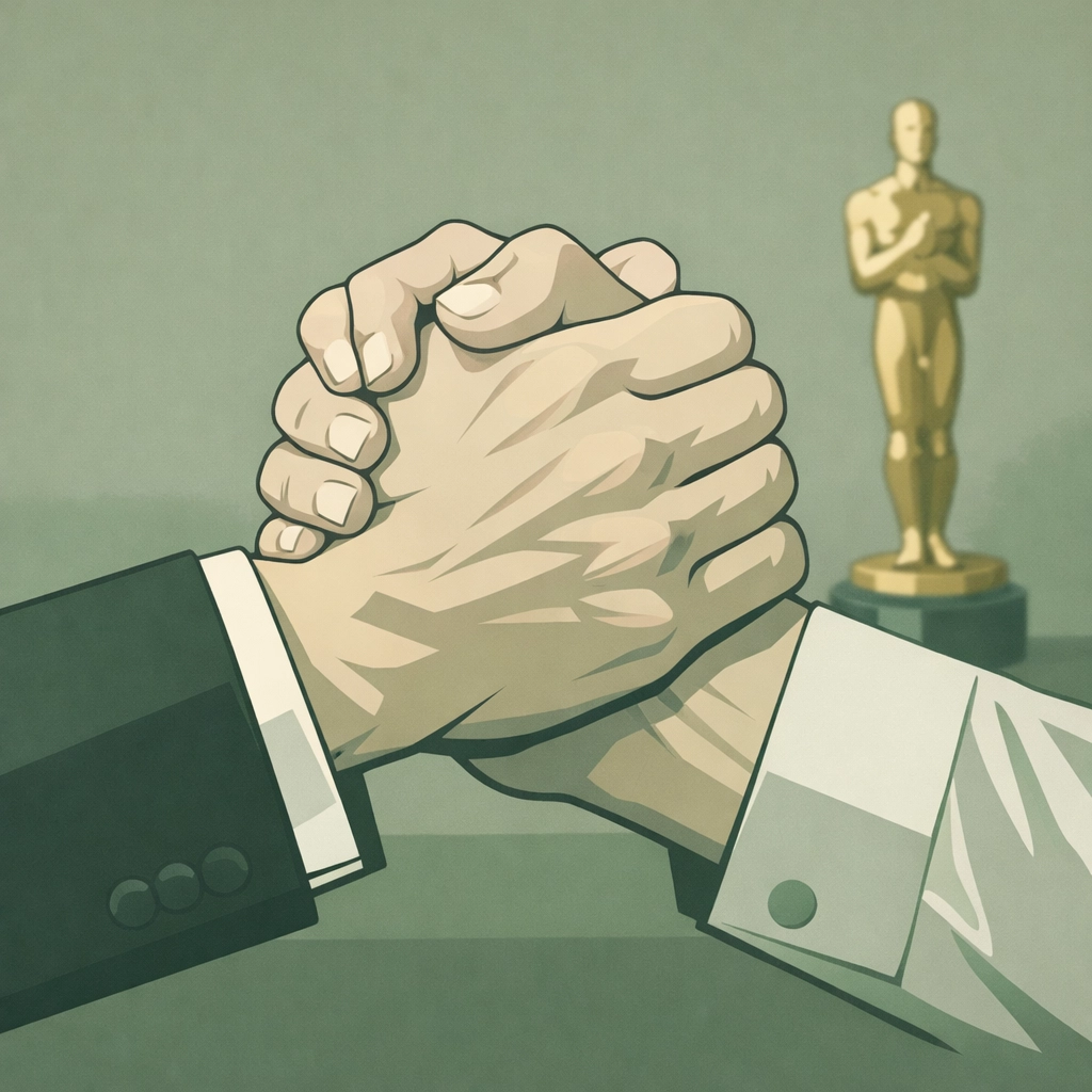 Two men holding hands tightly with award statue nearby in literary MM romance about ambition and love