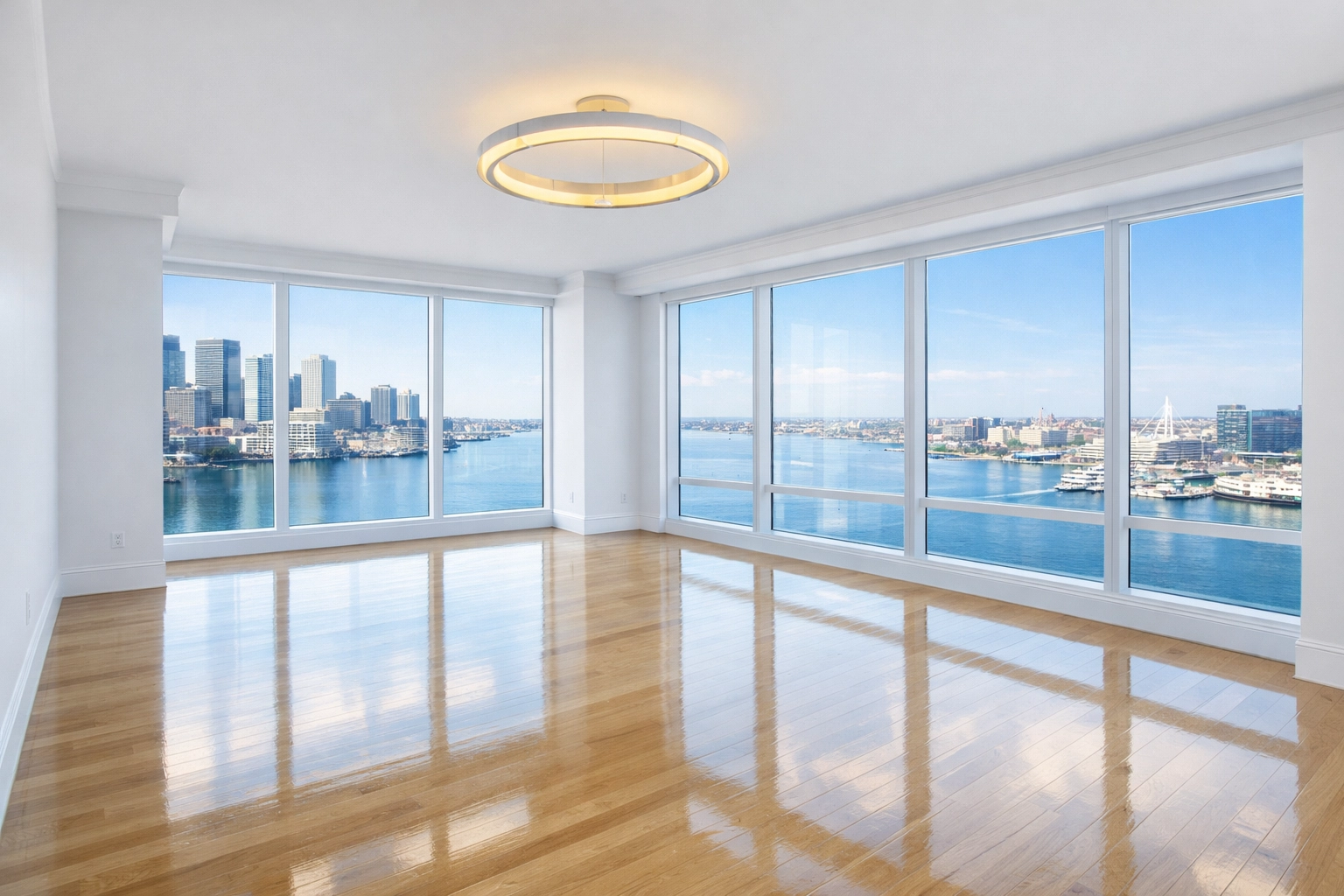Pristine empty Boston Seaport apartment with polished hardwood floors after professional move-out cleaning.