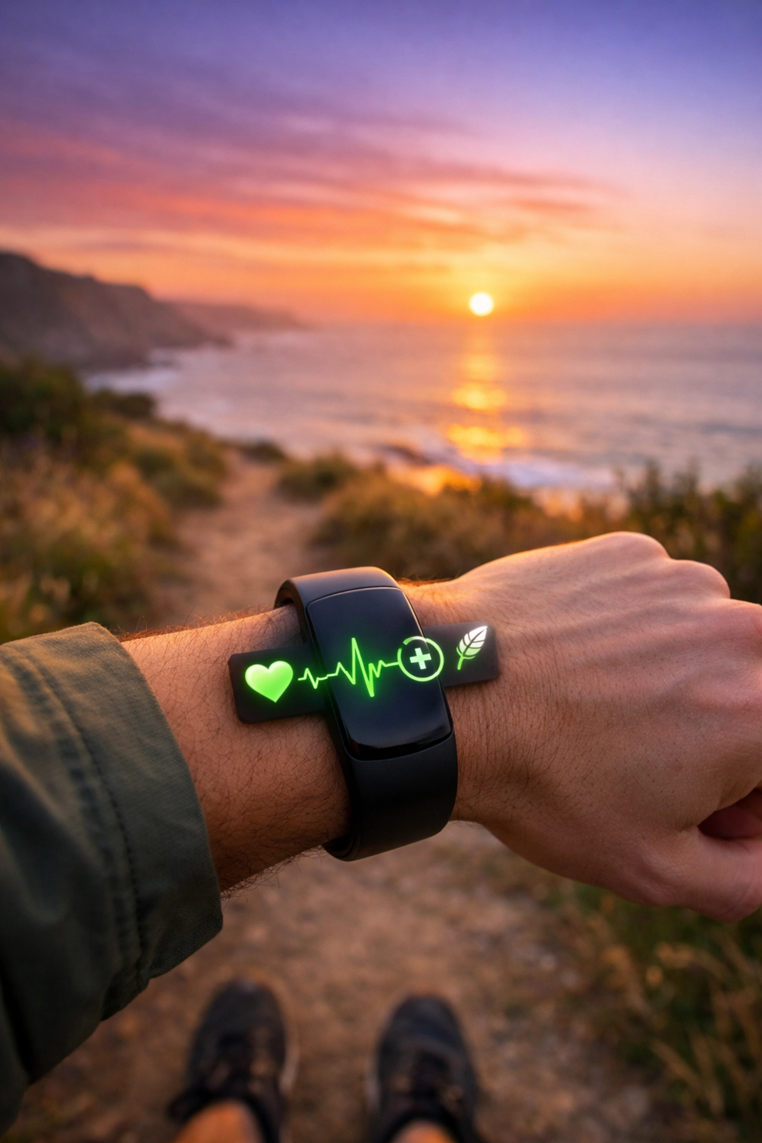Fitness tracker at sunrise monitoring health recovery and heart rate markers after a 30-day alcohol detox.