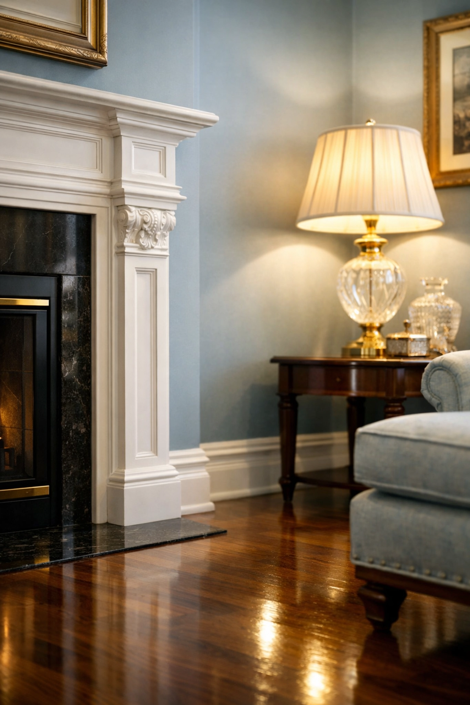Spotless living room corner in a Lunenburg estate showing detailed house cleaning and a white mantel.
