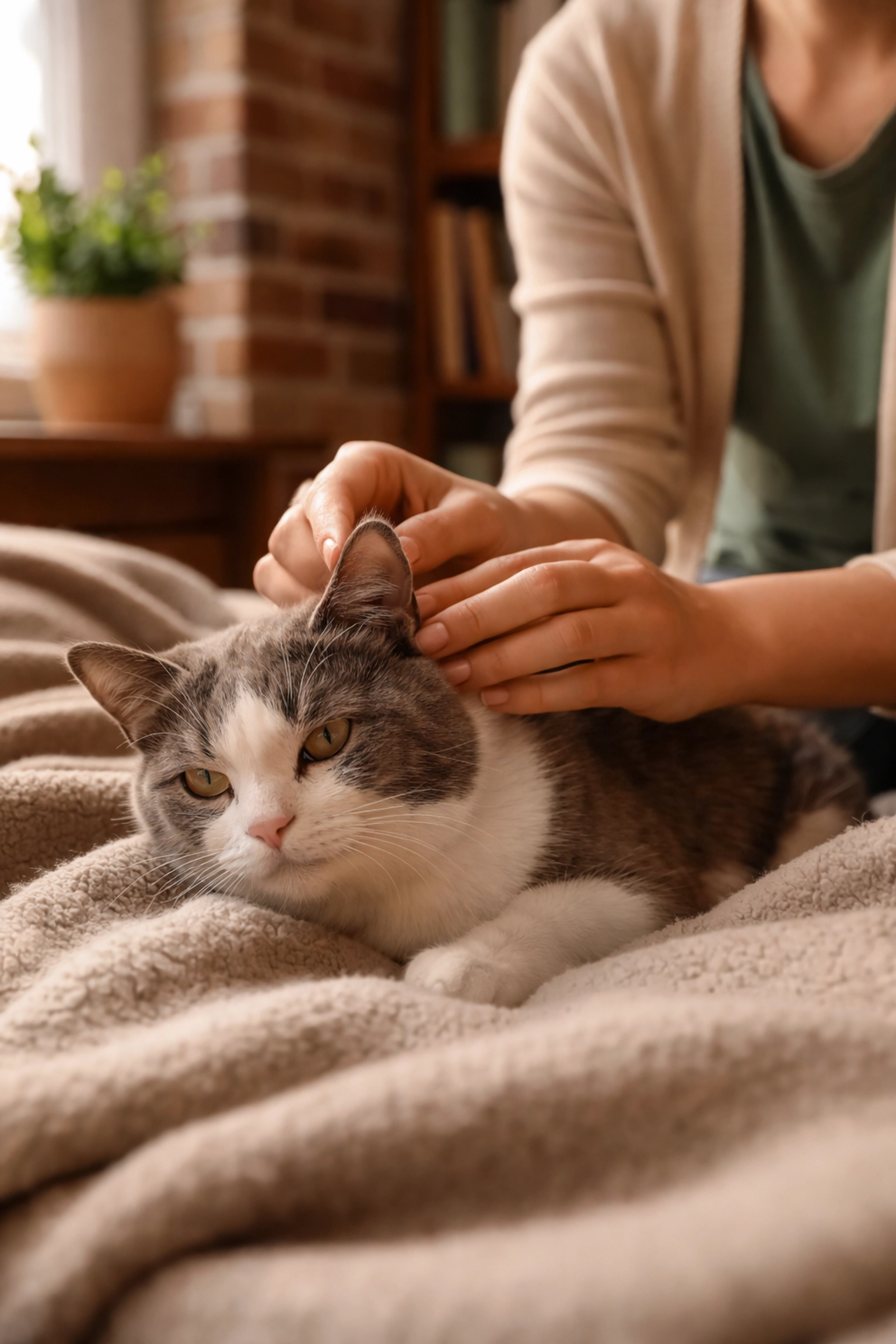 Close-up of a cat sitter checking a relaxed cat's health in a cozy SF home, illustrating attentive health monitoring during cat sitting visits.
