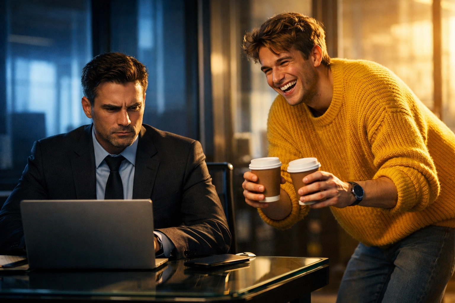 A grumpy boss and sunshine intern sharing coffee, a classic trope from grumpy x sunshine mm romance ebooks.