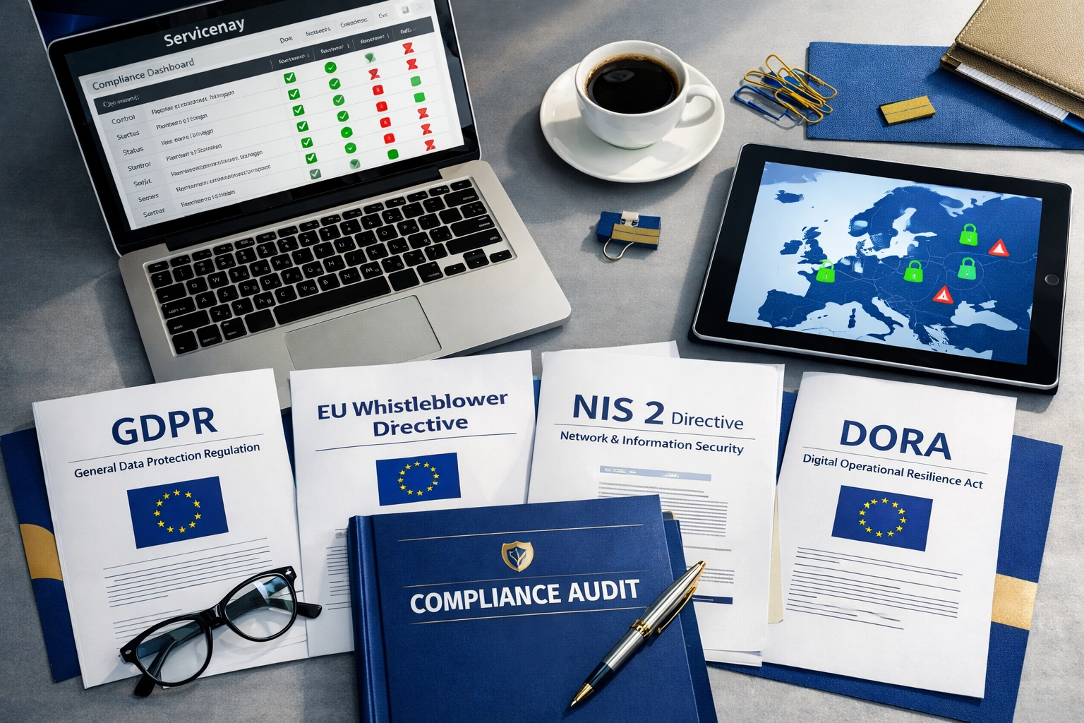 ServiceNow compliance audit workspace showing DORA regulatory framework and governance dashboard