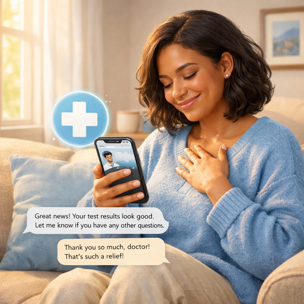 Woman texting with doctor about UTI symptoms from home using online telehealth service