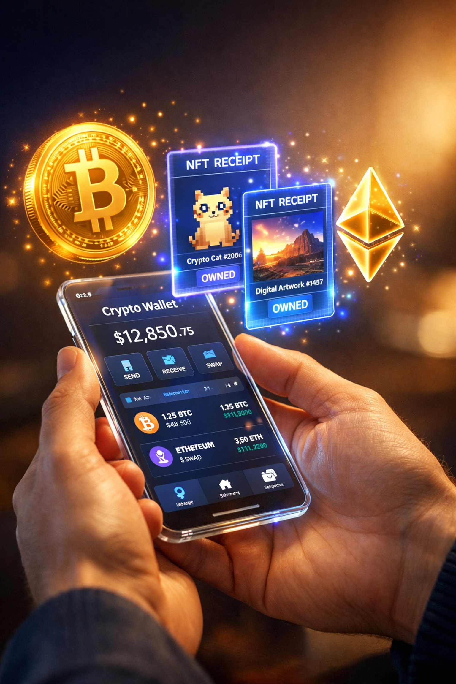 Self-custody crypto wallet displaying receivables tokens and NFT receipt ownership