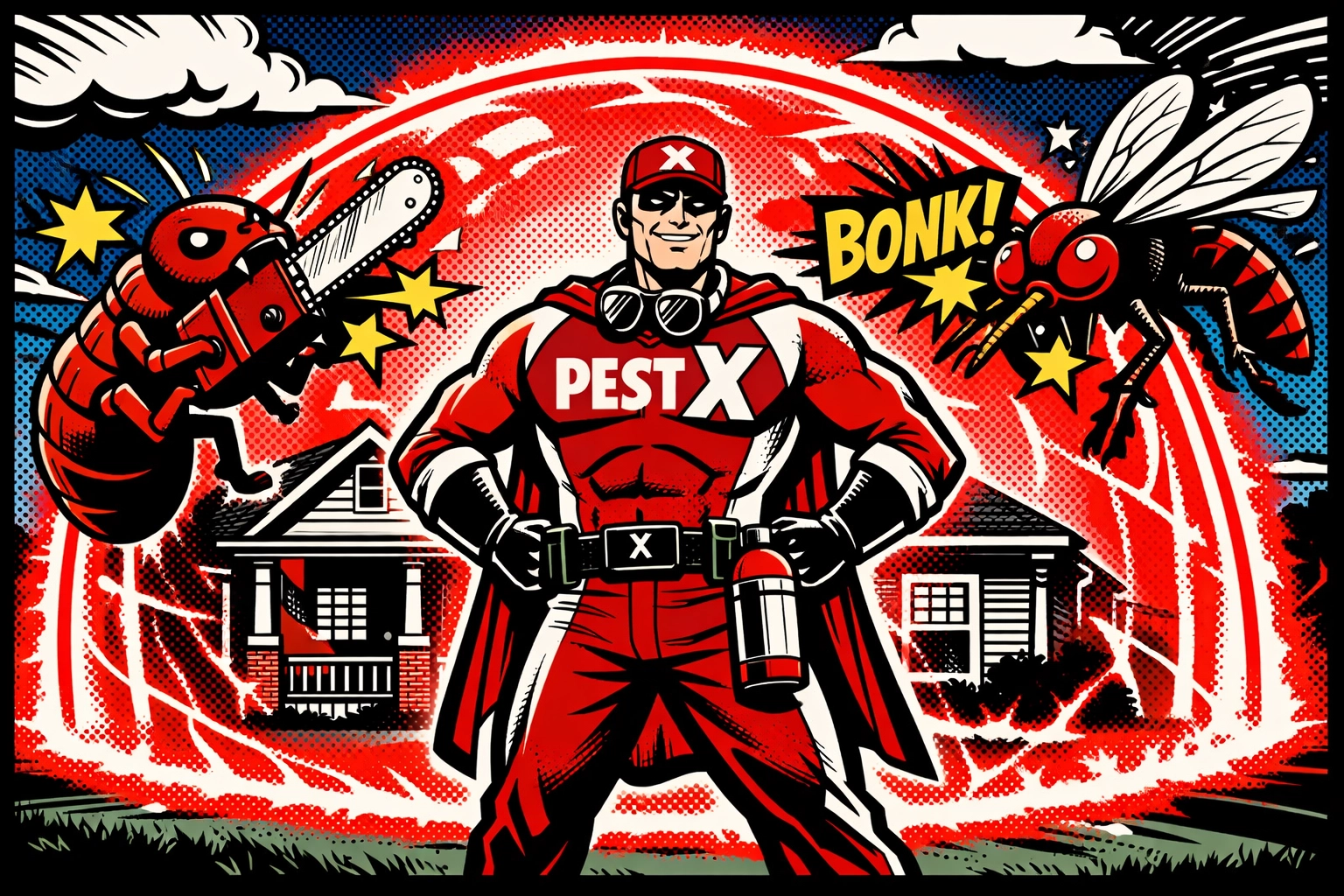 Pest control technician protecting an Alabama home from termites with a 3x3 barrier defense.