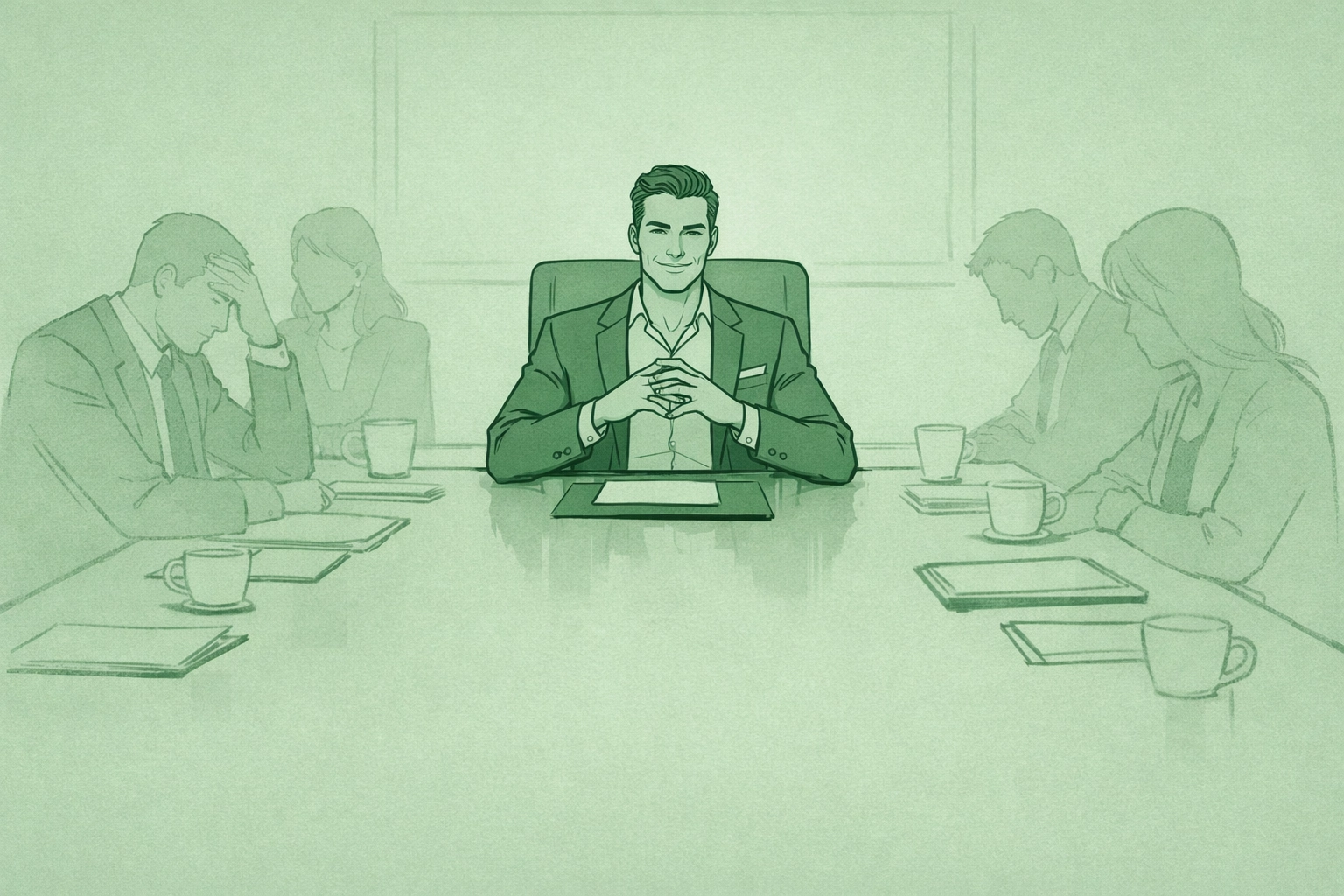 Narcissistic gay executive dominates boardroom as others fade into background