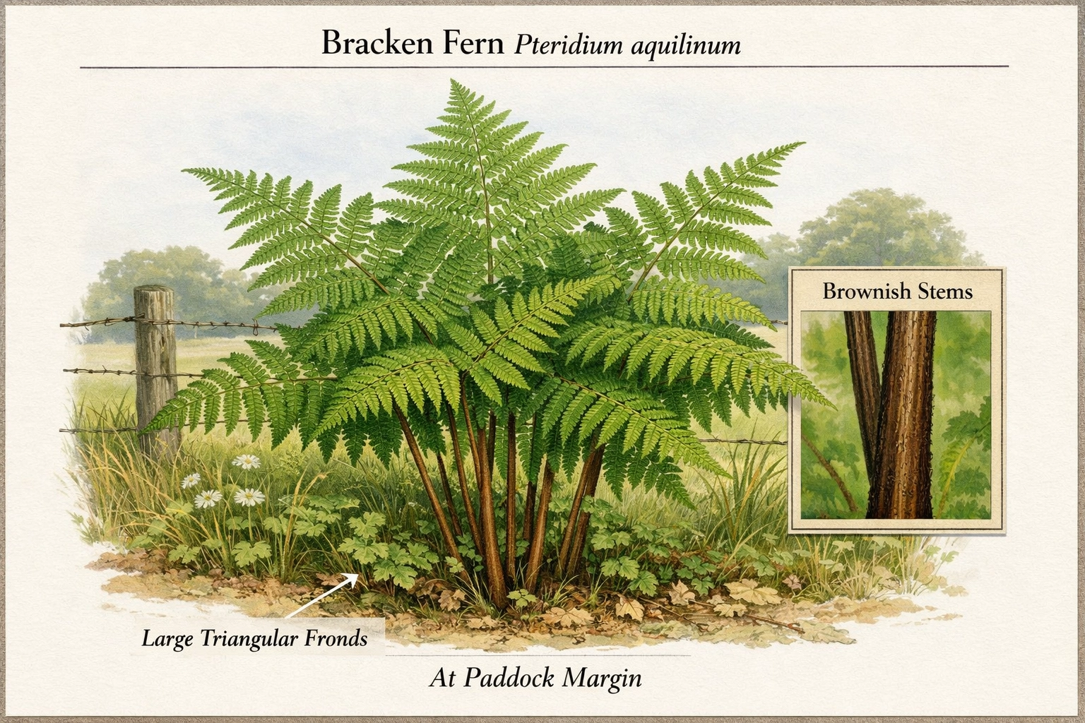 Bracken fern (Pteridium aquilinum) showing large triangular fronds — common at UK paddock margins and woodland edges.