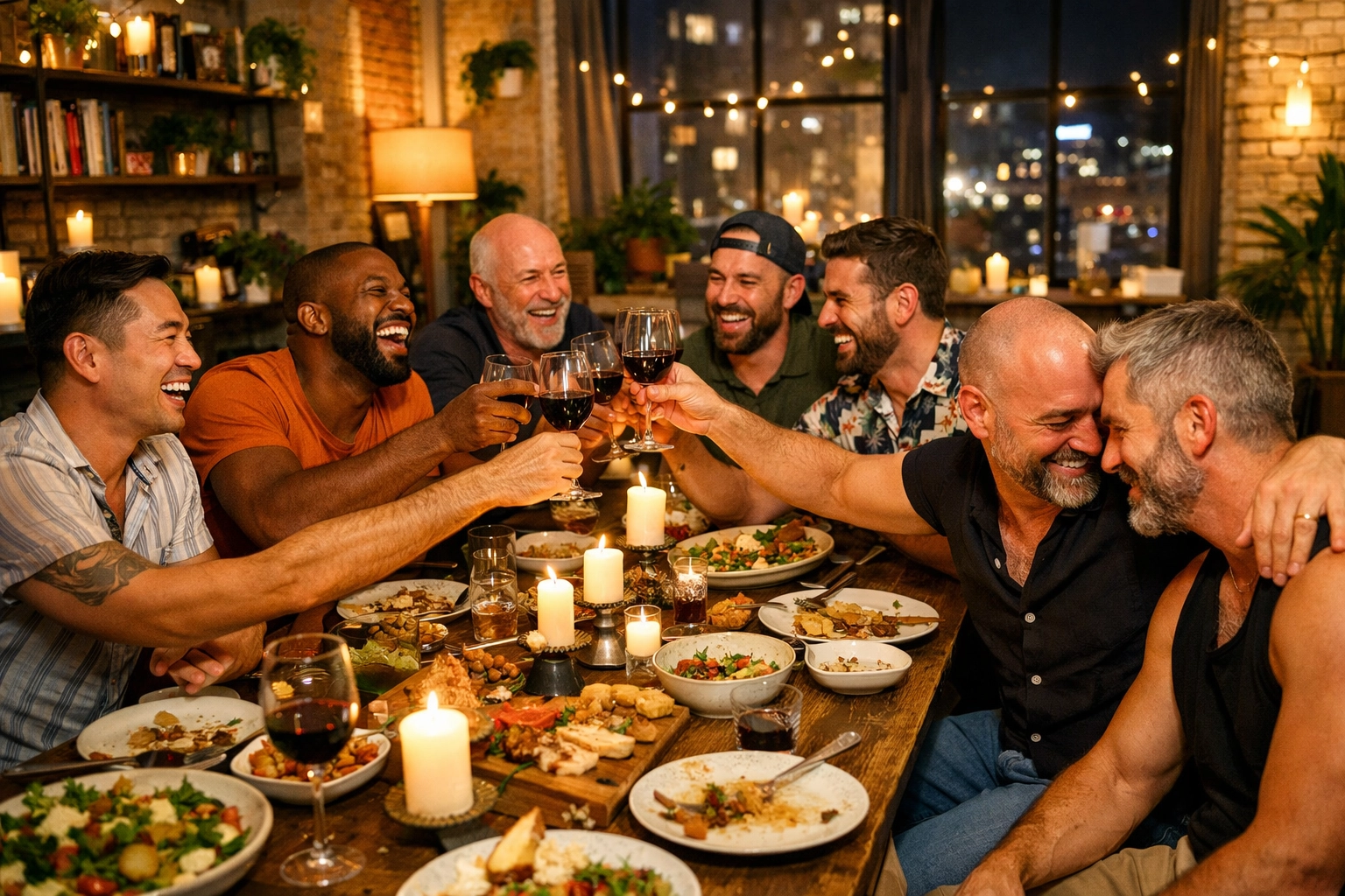 Diverse gay men at a dinner party, representing the importance of chosen family in queer life transitions.