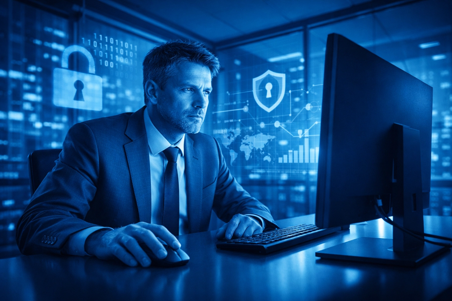 Business professional vigilantly checking email security on a computer monitor in a corporate office.