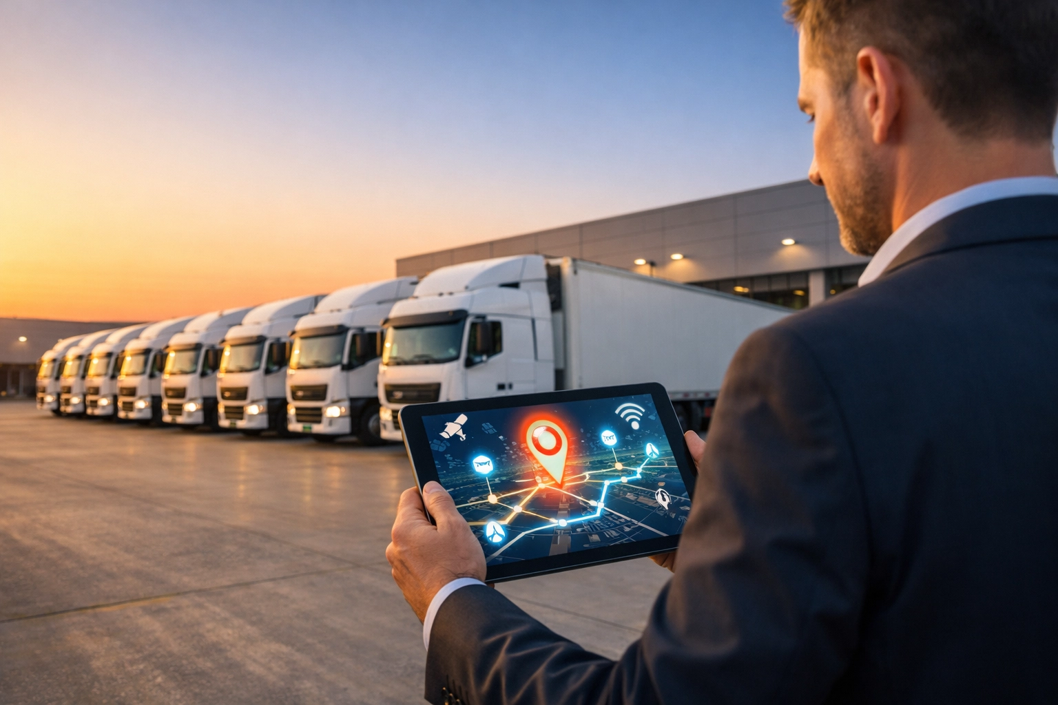 A logistics manager at a modern distribution center using a tablet to oversee transport and business growth.