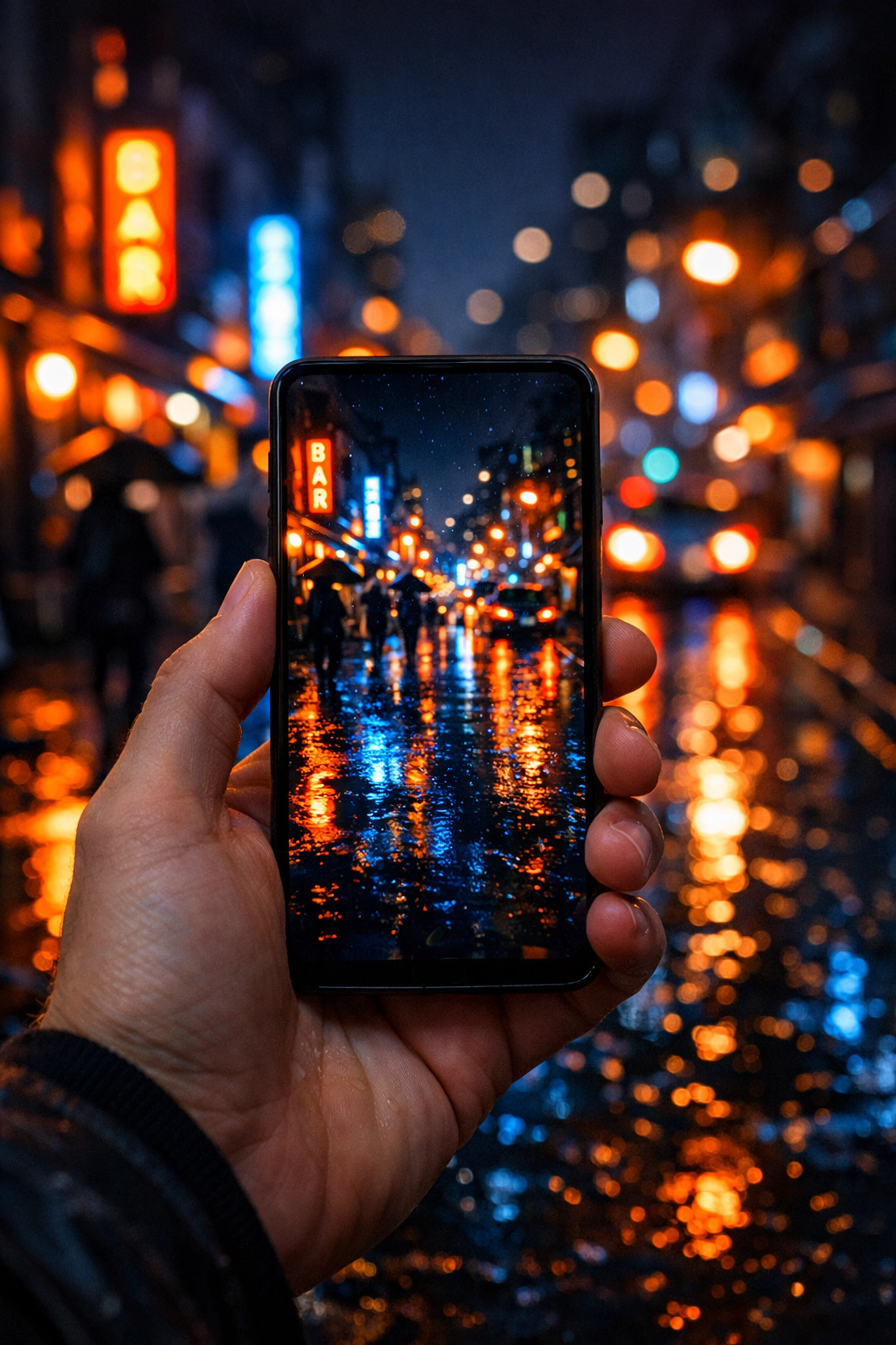 Budget smartphone capturing a clear night photo of a rainy city street with glowing neon lights.