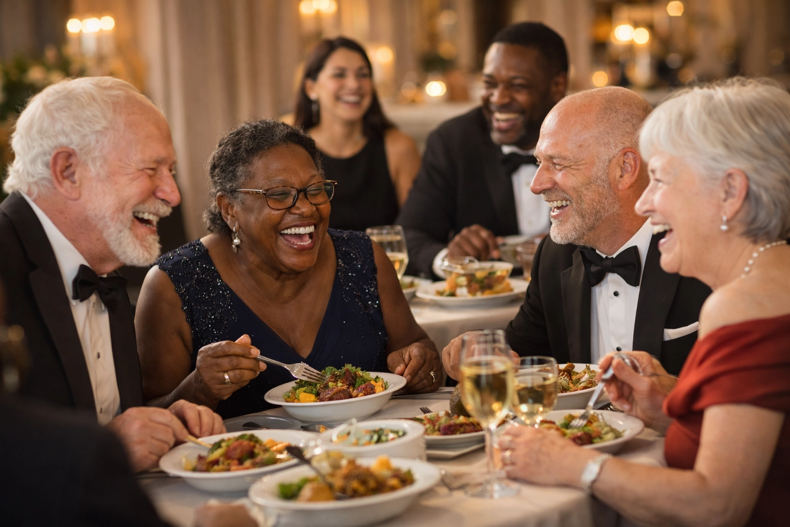 Guests seated and talking at an indoor community banquet event.