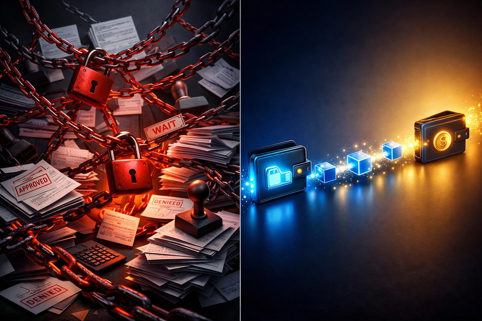 Self-custody blockchain payment flow vs traditional banking barriers and delays