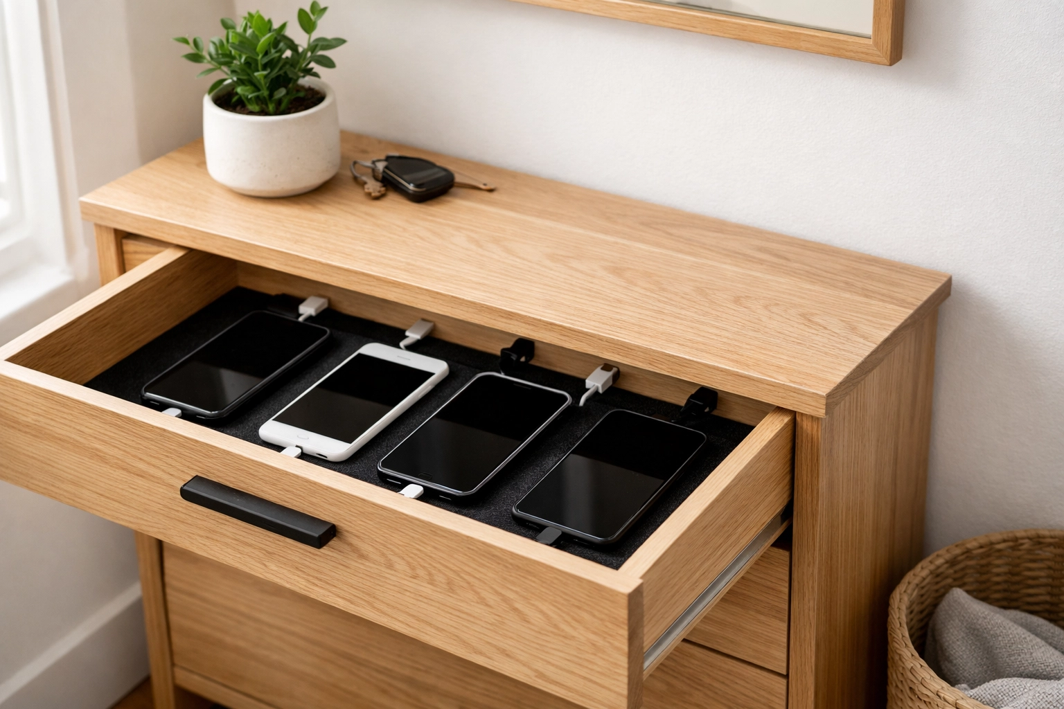 Smartphones stored in charging station away from dinner table