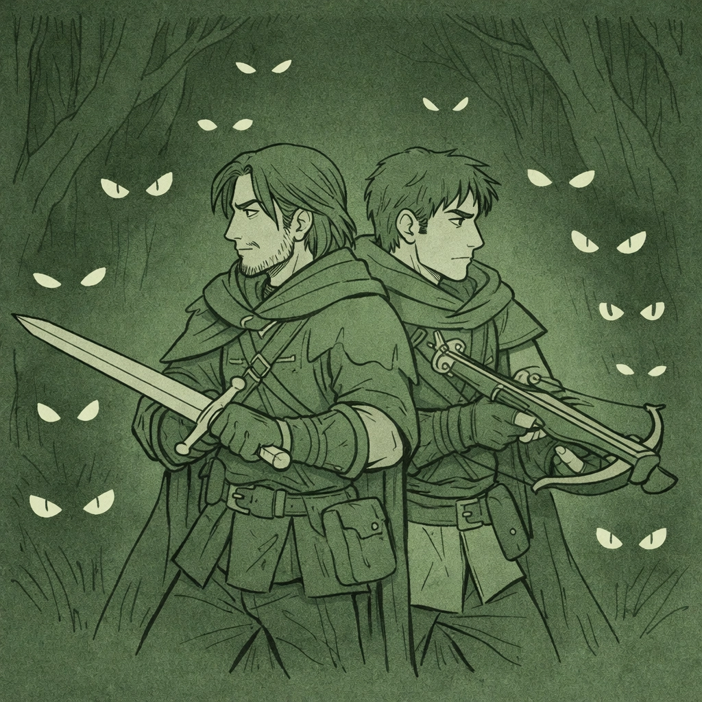 Two male monster hunters back-to-back defending each other in MM fantasy romance