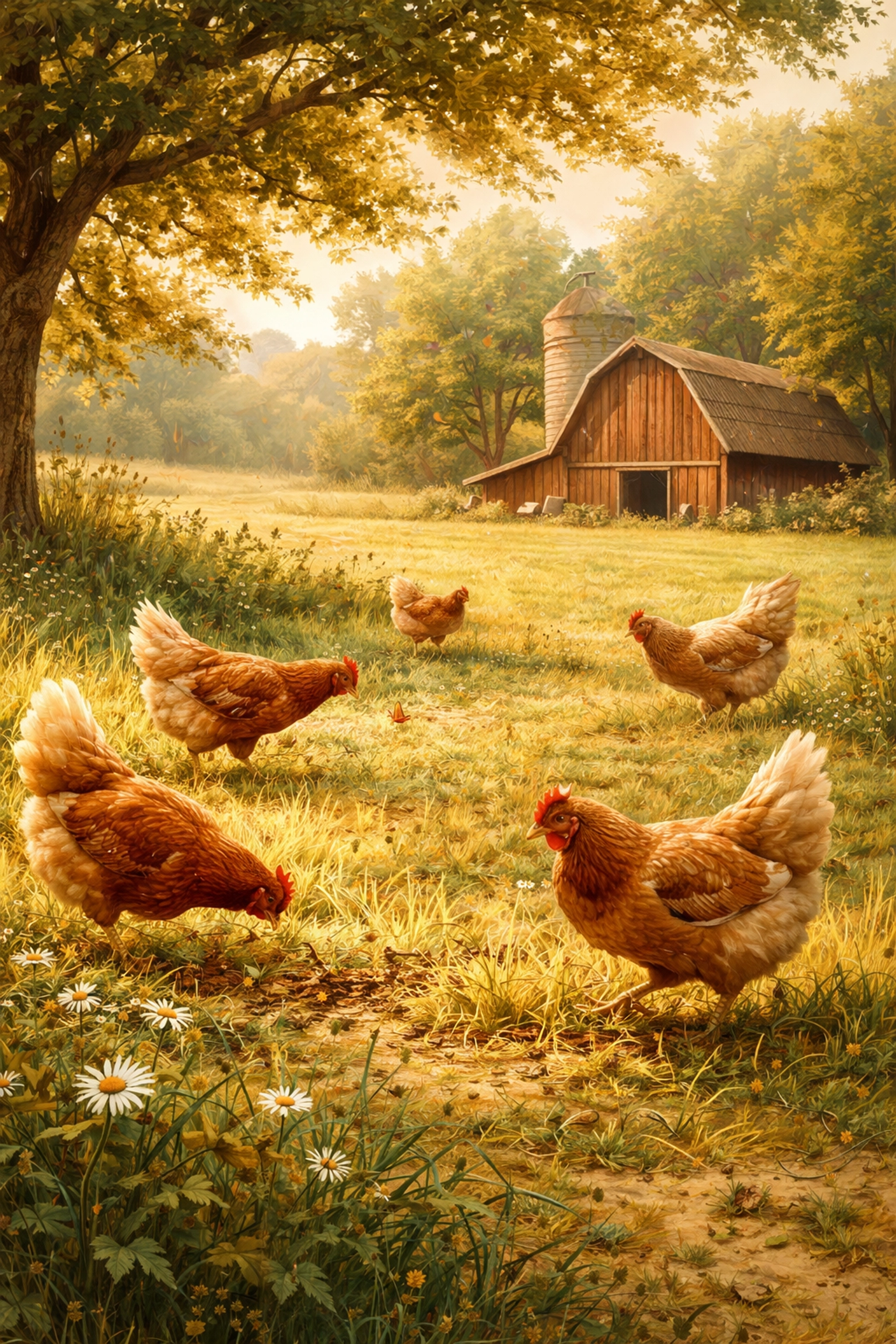 Free-range hens foraging in a sunny pasture near a rustic barn, showcasing ethical local egg farming