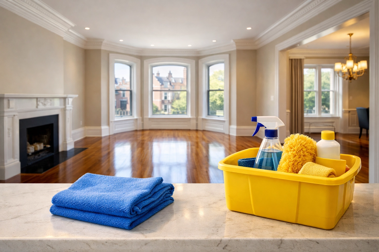 A perfectly clean empty Boston apartment living room with gleaming floors after a professional move-out cleaning.