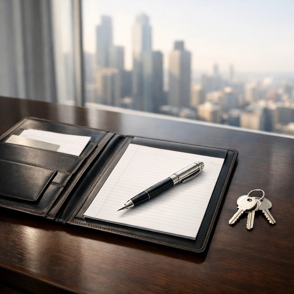 Professional desk with a portfolio and keys, symbolizing the valuation and sale of a Jackson professional services firm.
