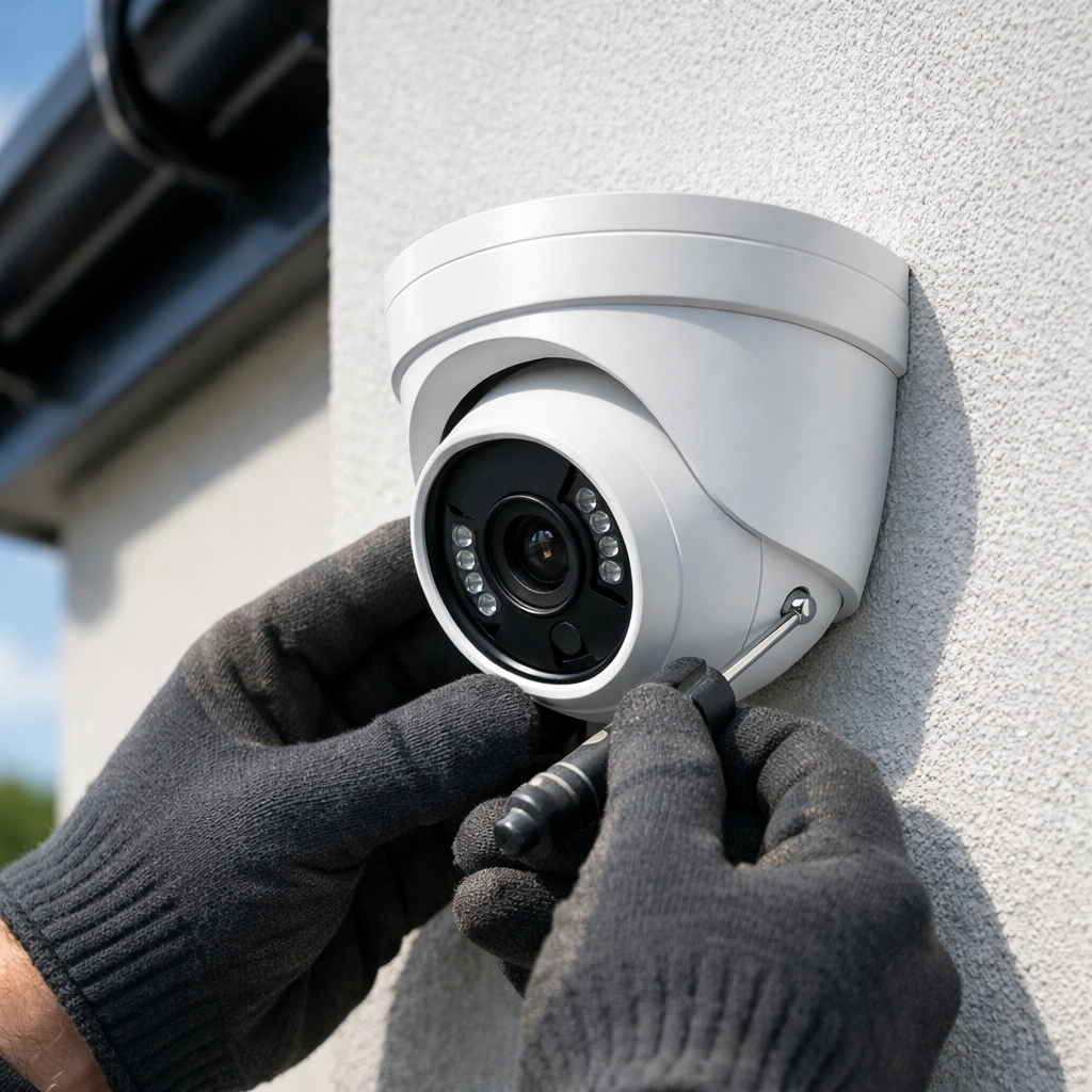 Professional CCTV installers in Worcester fitting a high-definition turret camera with tidy, hidden wiring.