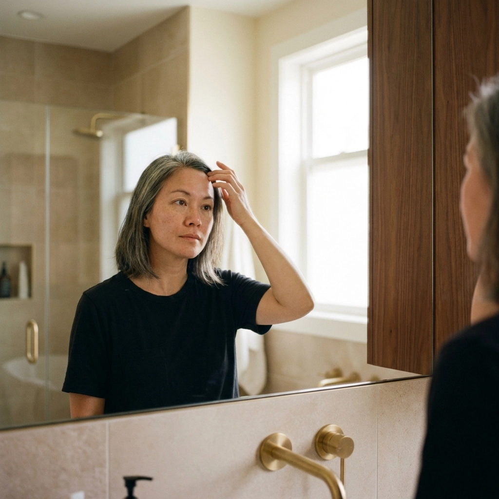 Middle-aged person examines hairline in a sunlit bathroom, considering hair restoration options in West Palm Beach.