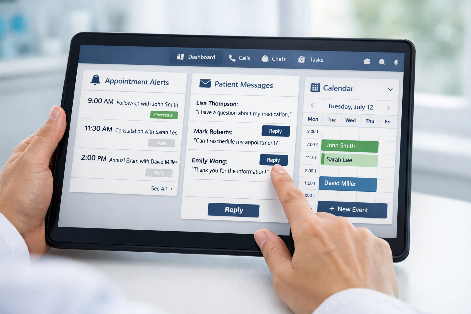 Medical Front Desk Chaos Costing You Patients? The 15-Minute Daily Routine That Fixes Everything Medical office staff using centralized patient communication dashboard on tablet screen