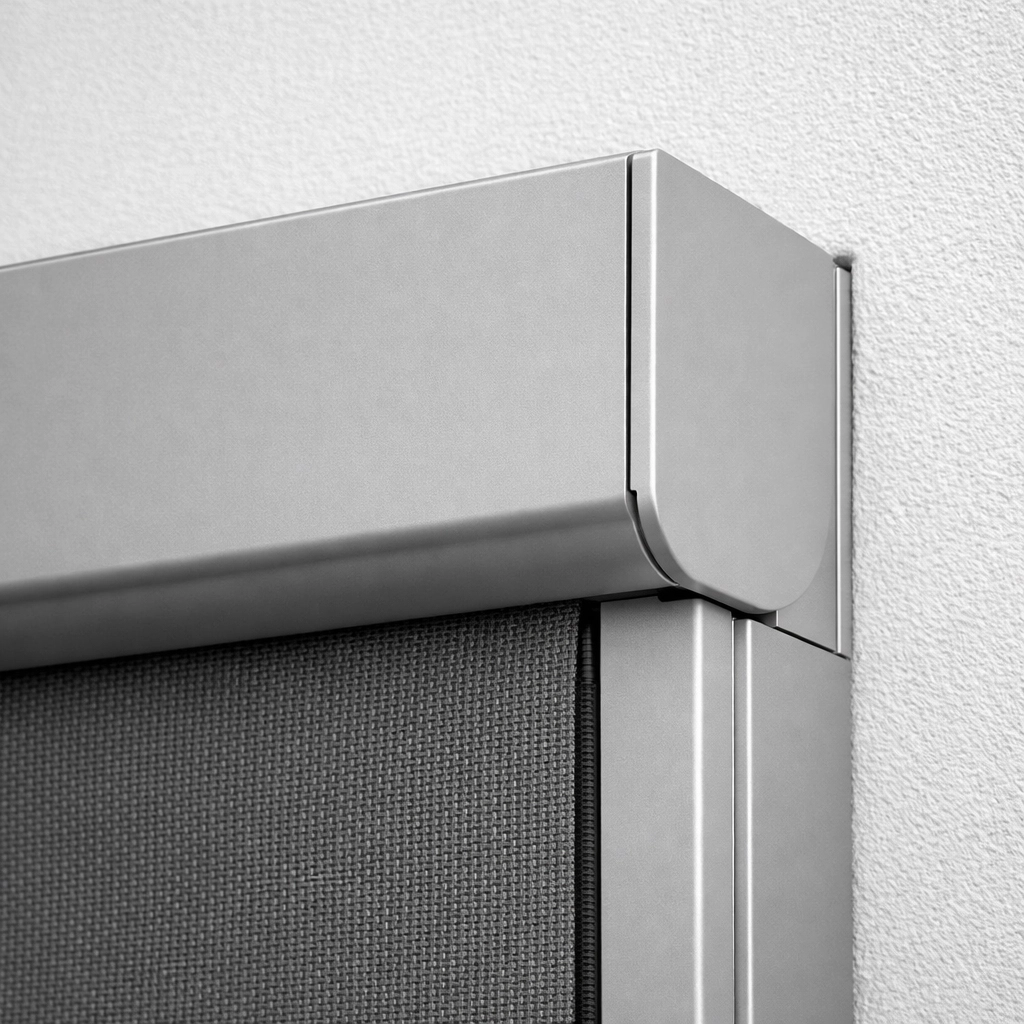 Nahaufnahme einer kompakt montierten Zip Screen Kassette an einer weißen Außenwand für diskreten Sonnenschutz.