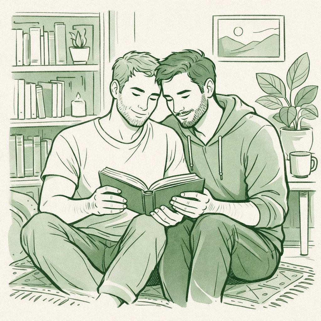 Two men reading gay literature together, finding comfort and identity in emotional MM fiction books.