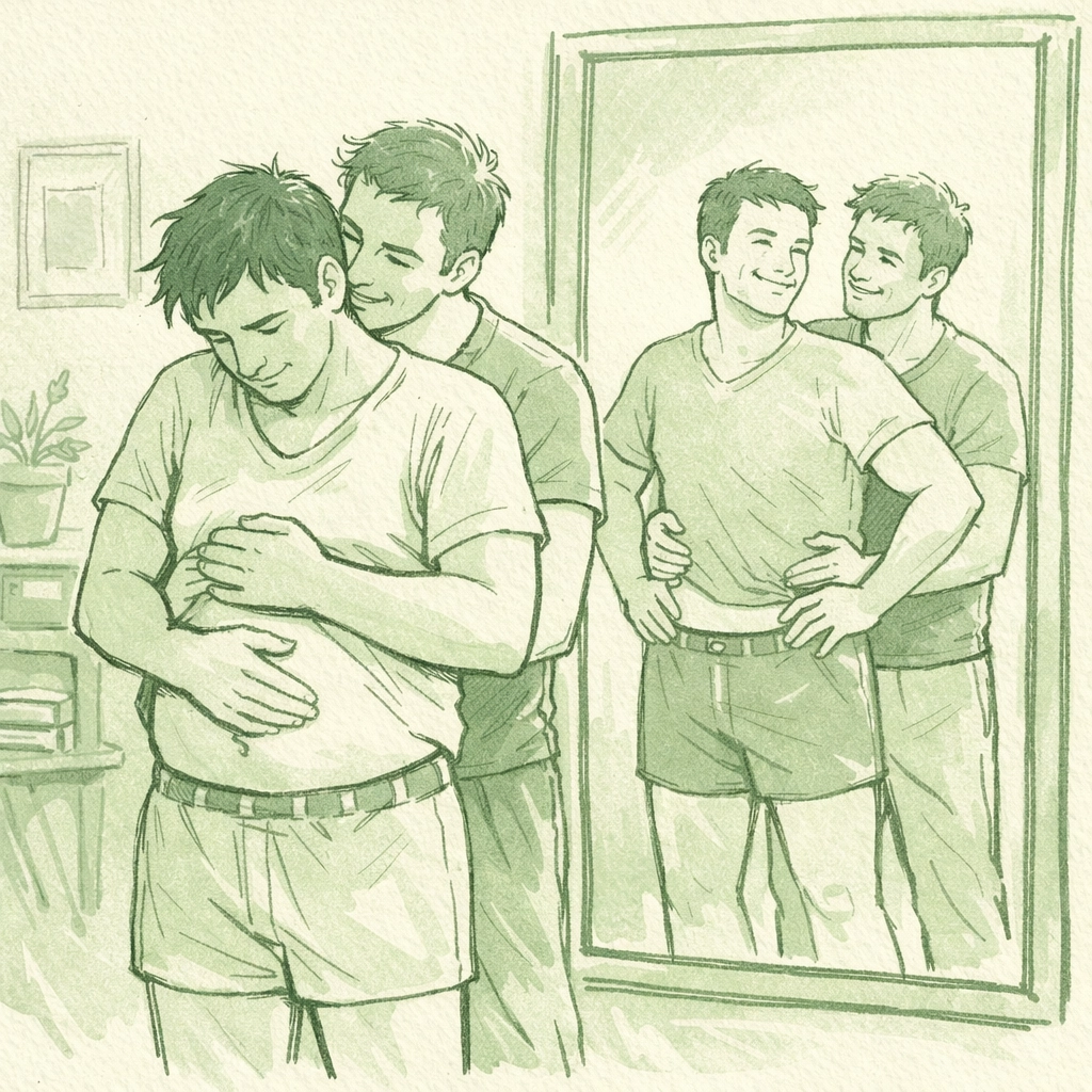 MM couple embracing at mirror reflecting journey from body insecurity to self-acceptance