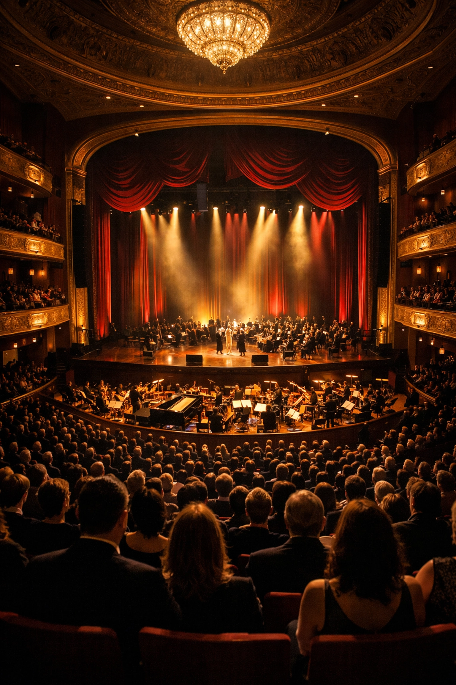 Dramatic live performance stage at a grand Montreal theater during the spring cultural season.