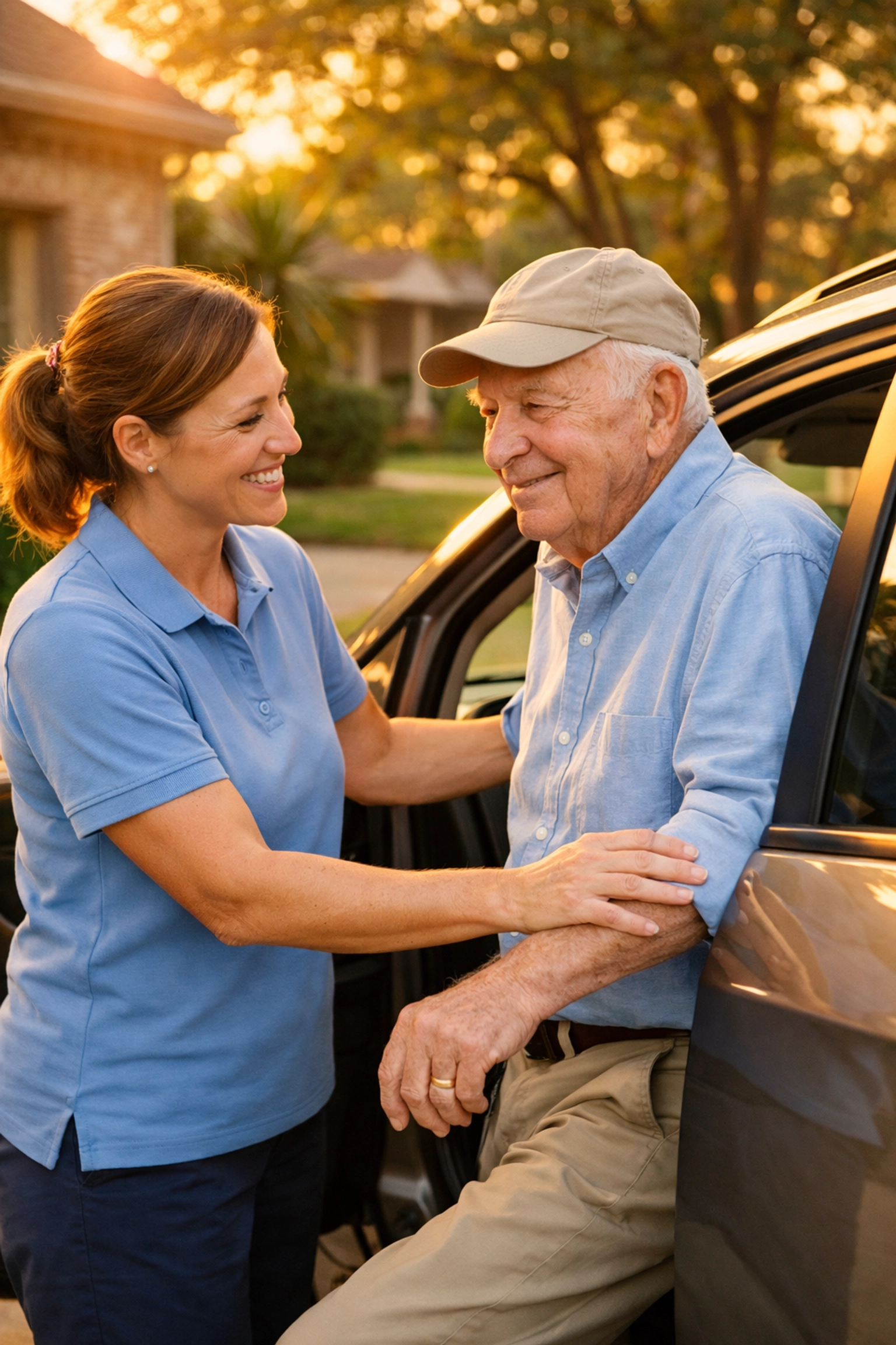 Home health caregiver assisting an elderly man into a car for a follow-up medical appointment.