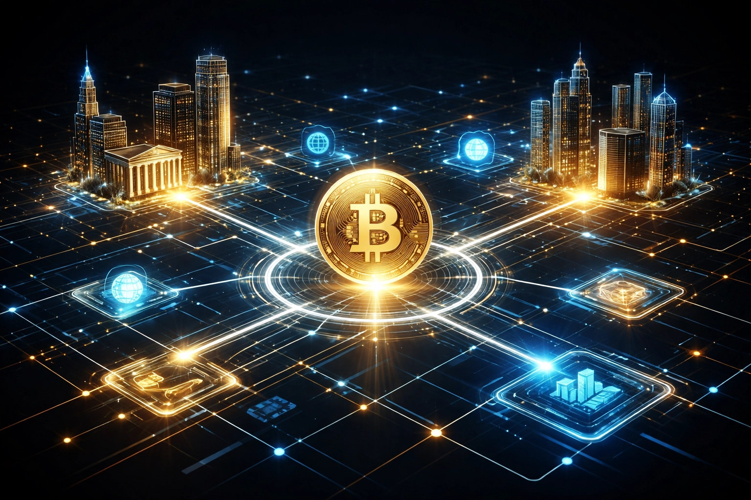 Network of glowing nodes connecting Bitcoin and traditional buildings symbolizing digital asset and traditional portfolio integration.