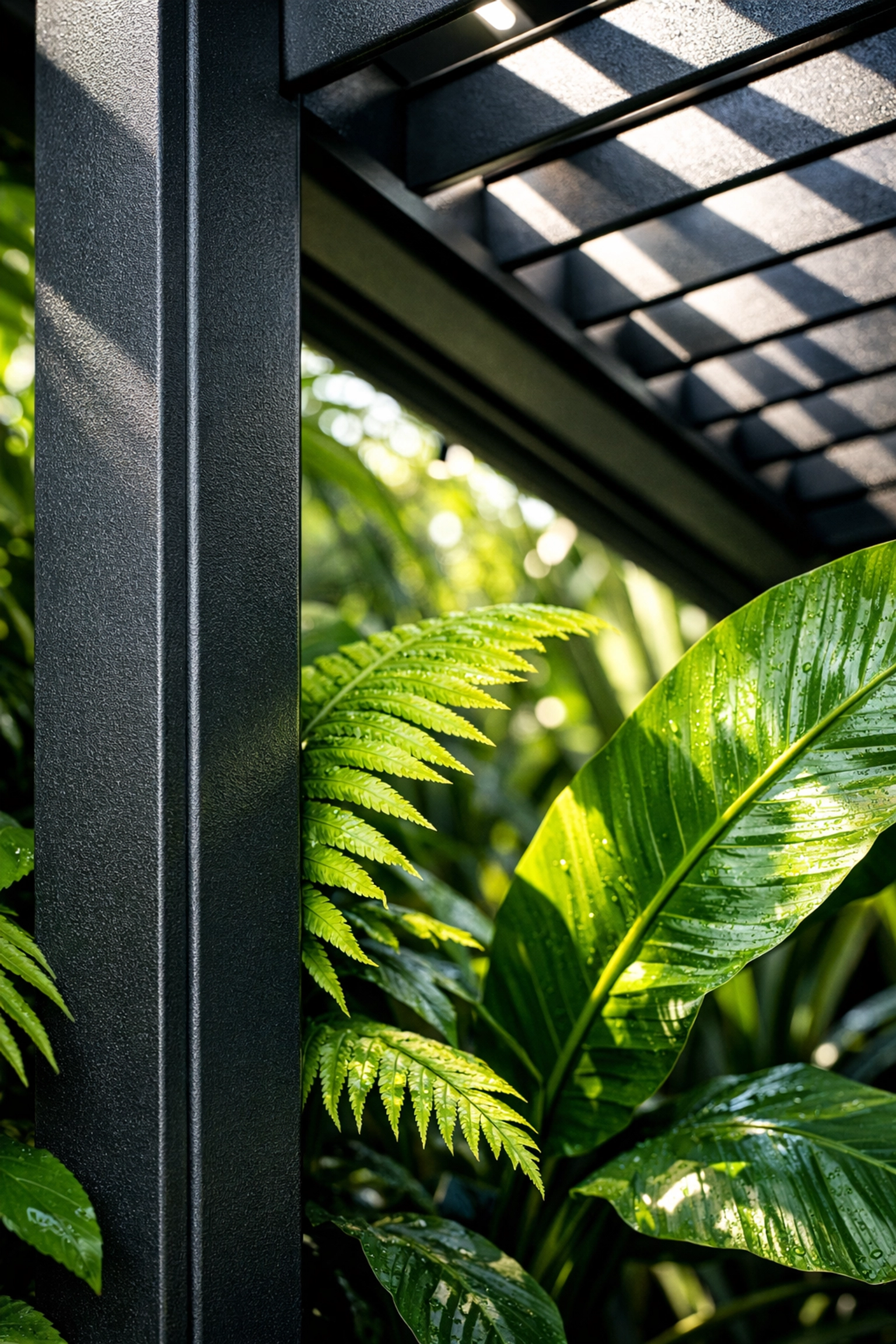 Charcoal louvred roof system showcasing the green-on-black effect with tropical ferns.