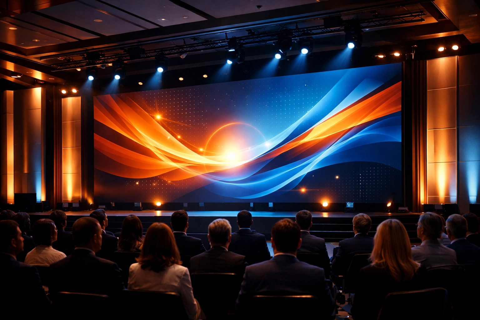Professional event production stage with dramatic lighting creating an immersive brand experience